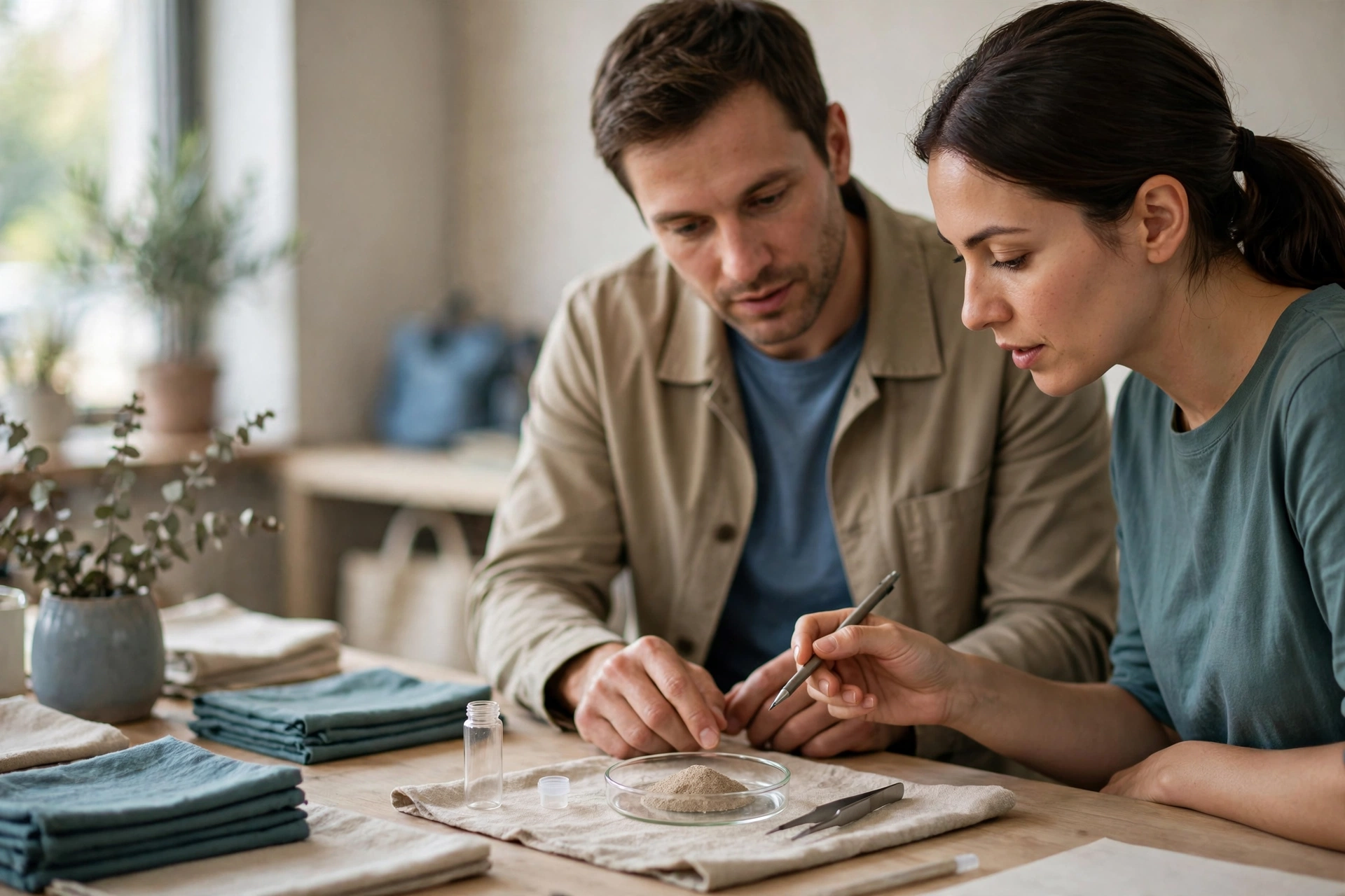 A man and a woman sit at a wooden table, looking at a petri dish with sand, as they discuss a sample.