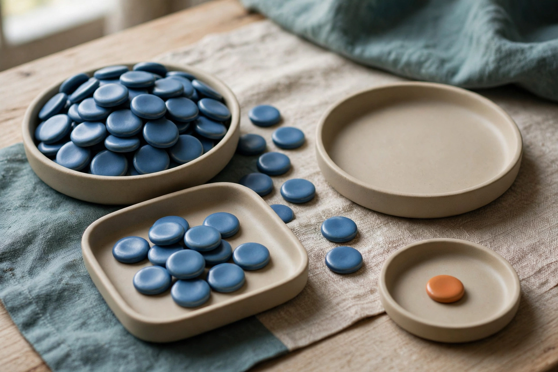 Three shallow trays hold blue ceramic tokens, with one tray containing an orange token, arranged on a textured cloth.