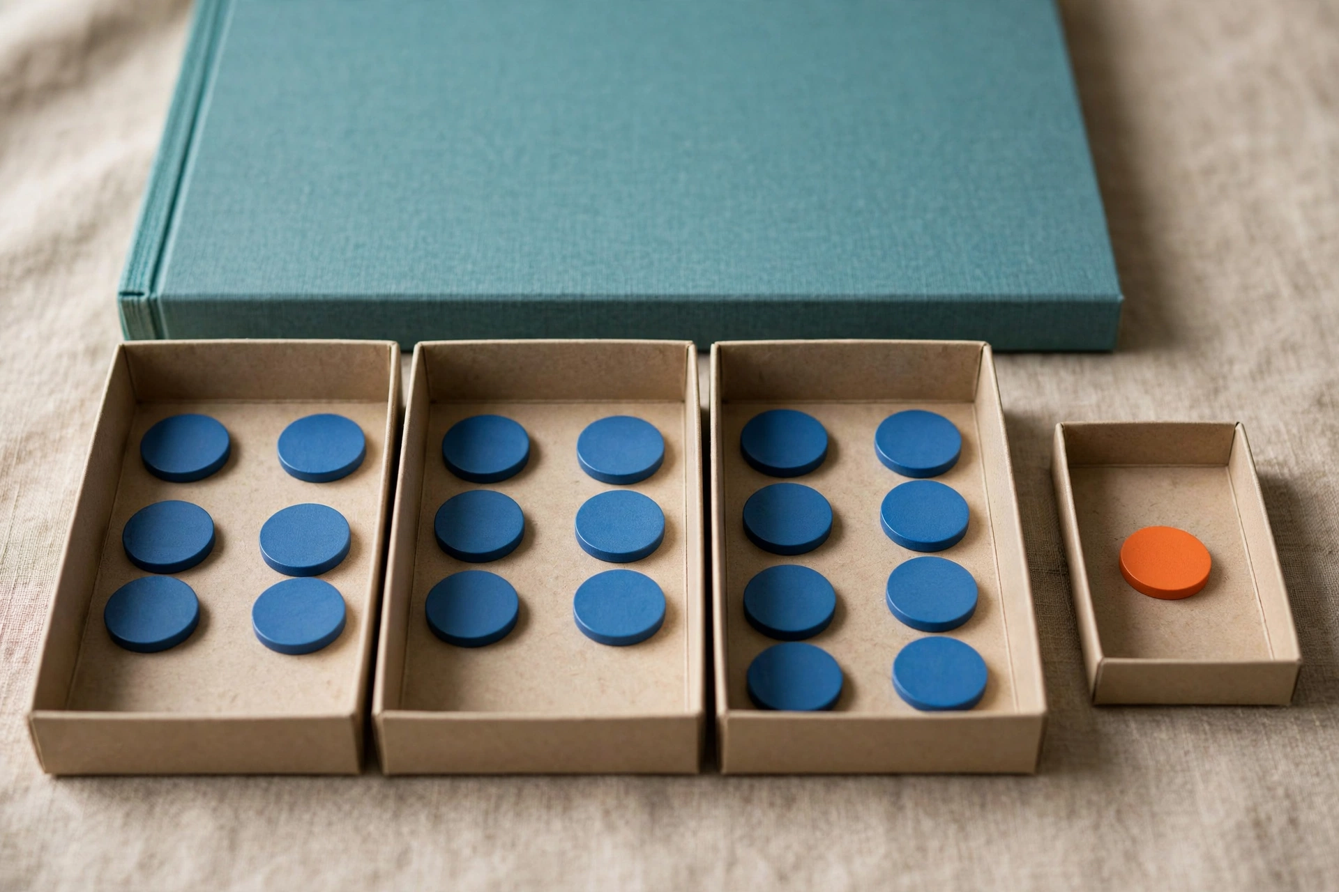 Three cardboard trays hold blue tokens, and a fourth tray holds a single orange token, with a teal folder behind them.