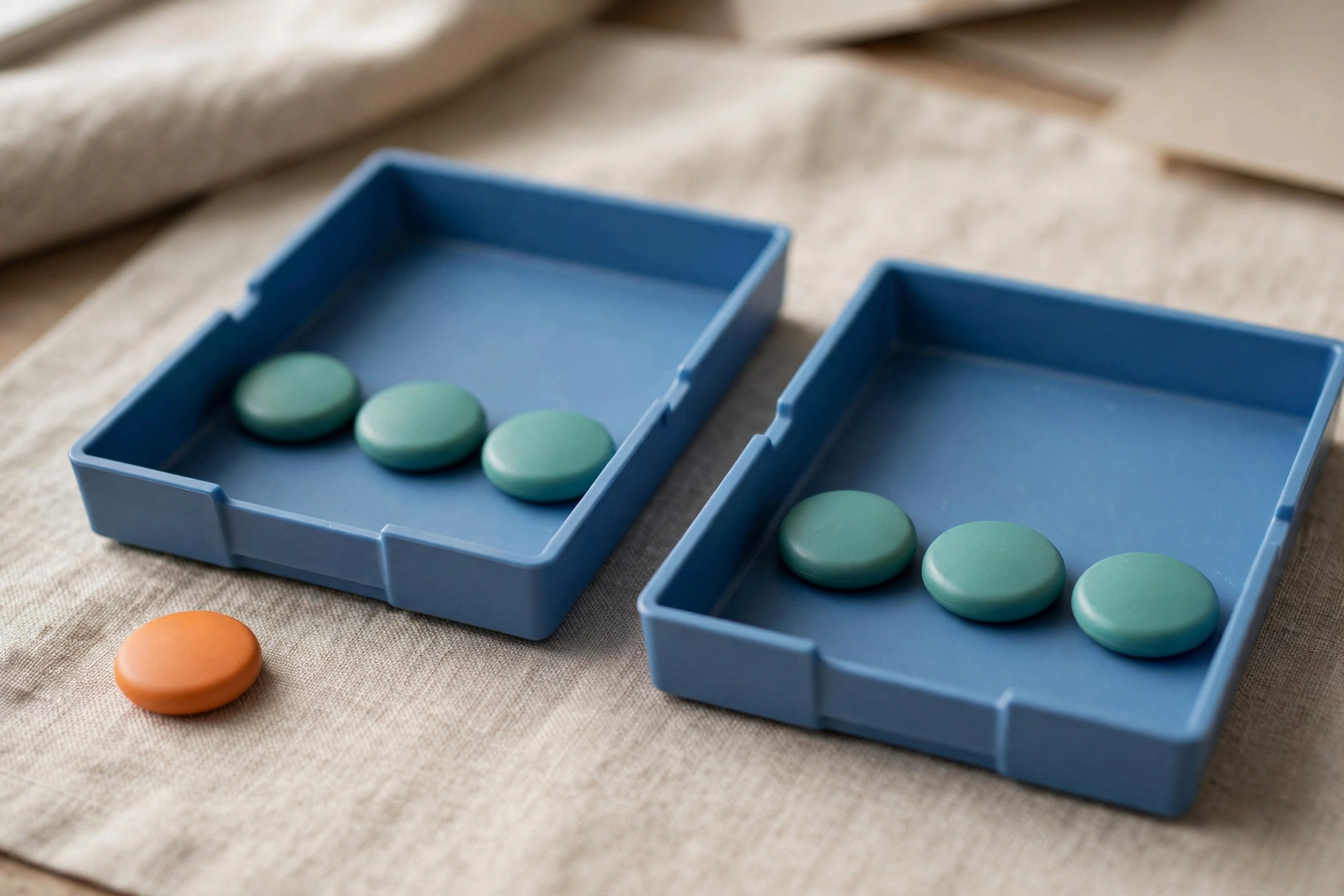 Two blue sorting trays hold teal tokens, with an orange token placed outside one tray on a neutral fabric surface.