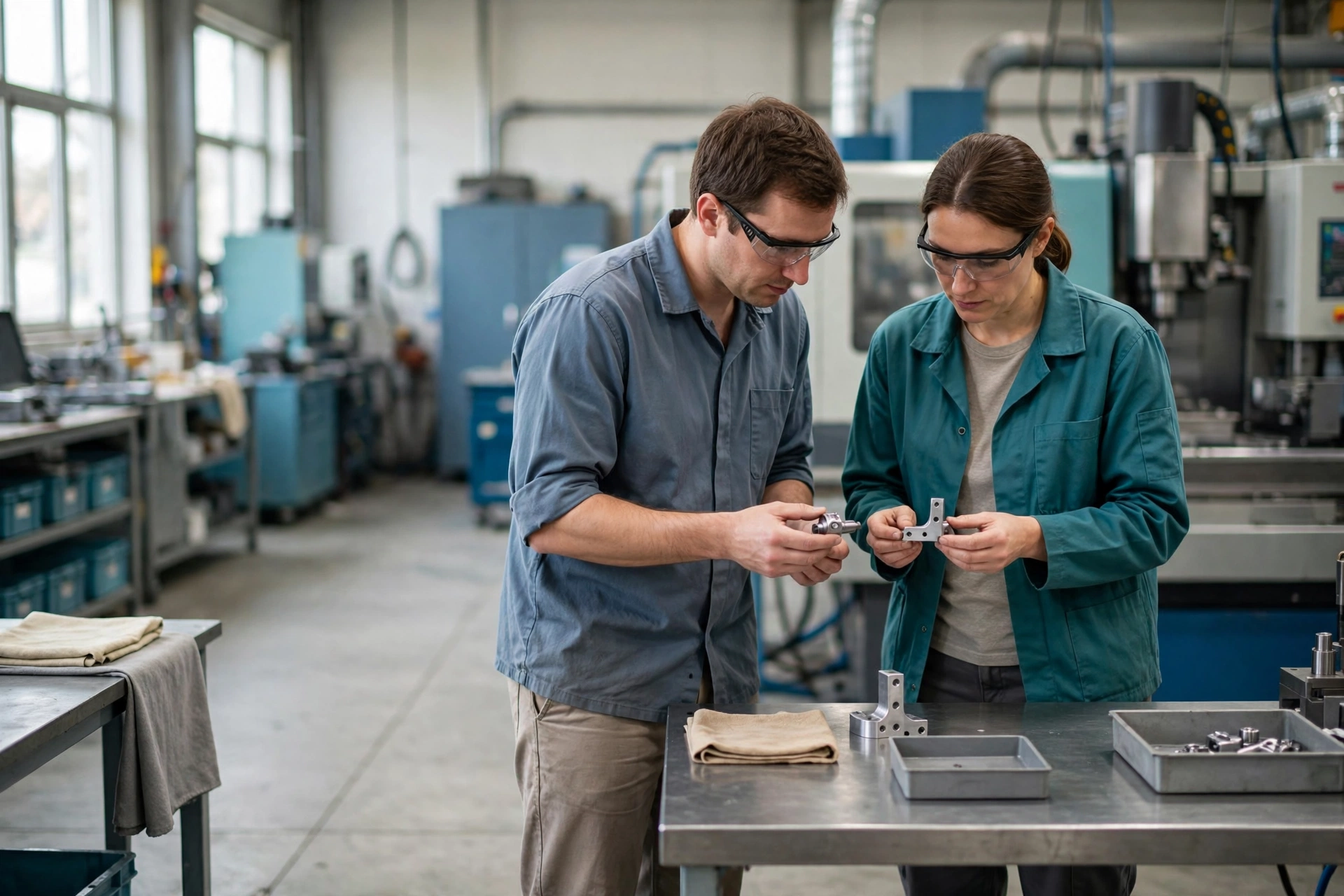 A man and a woman in safety glasses compare metal components at a workbench in a manufacturing facility.