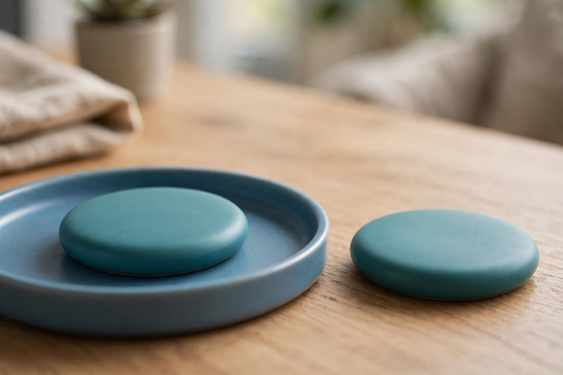 Two identical teal discs sit on a wooden desk, with one disc inside a blue tray and the other disc separated outside the tray.