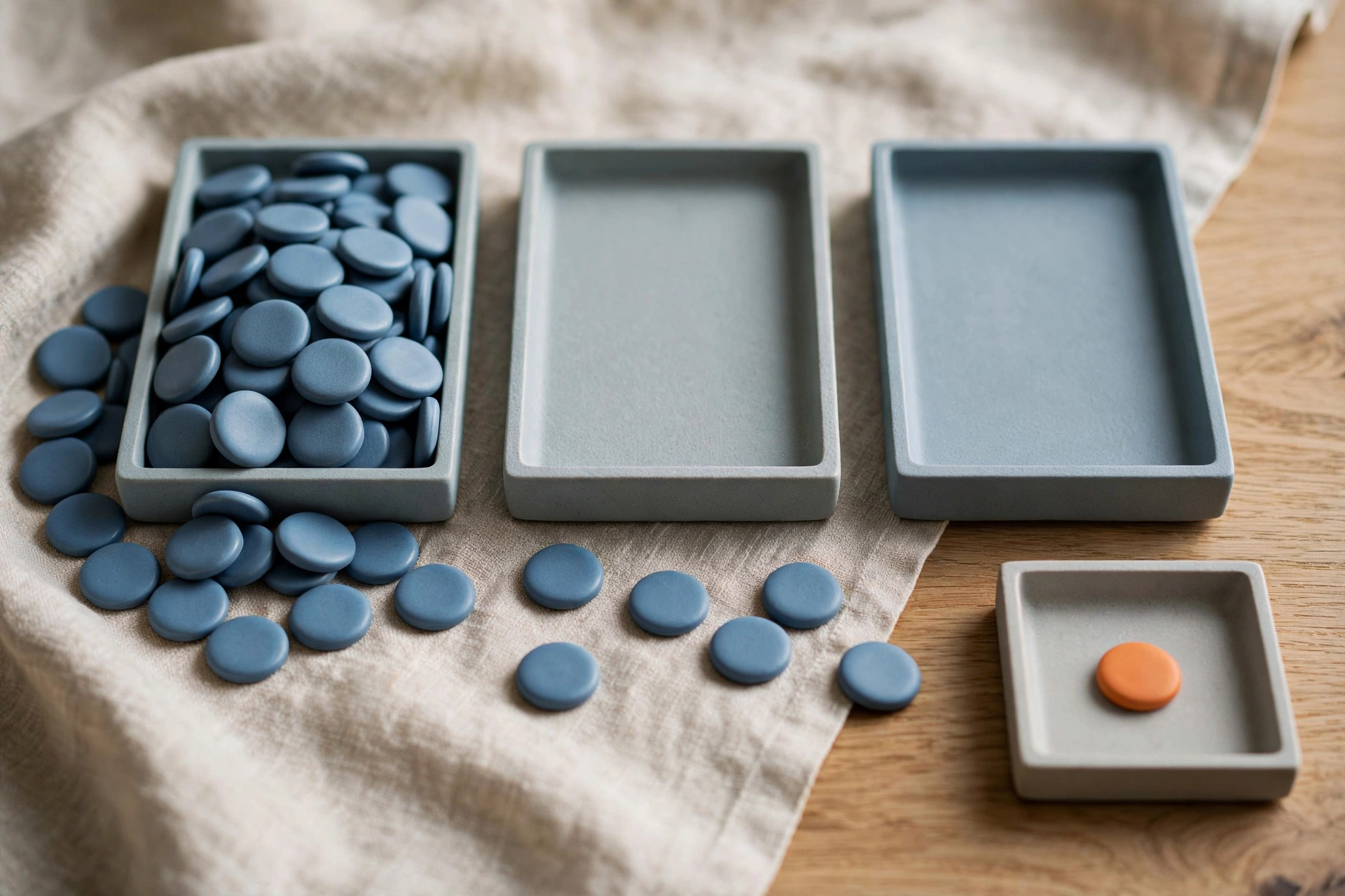 Three shallow trays hold blue tokens, with one tray containing many tokens and two trays empty, while a fourth tray holds a single orange token.