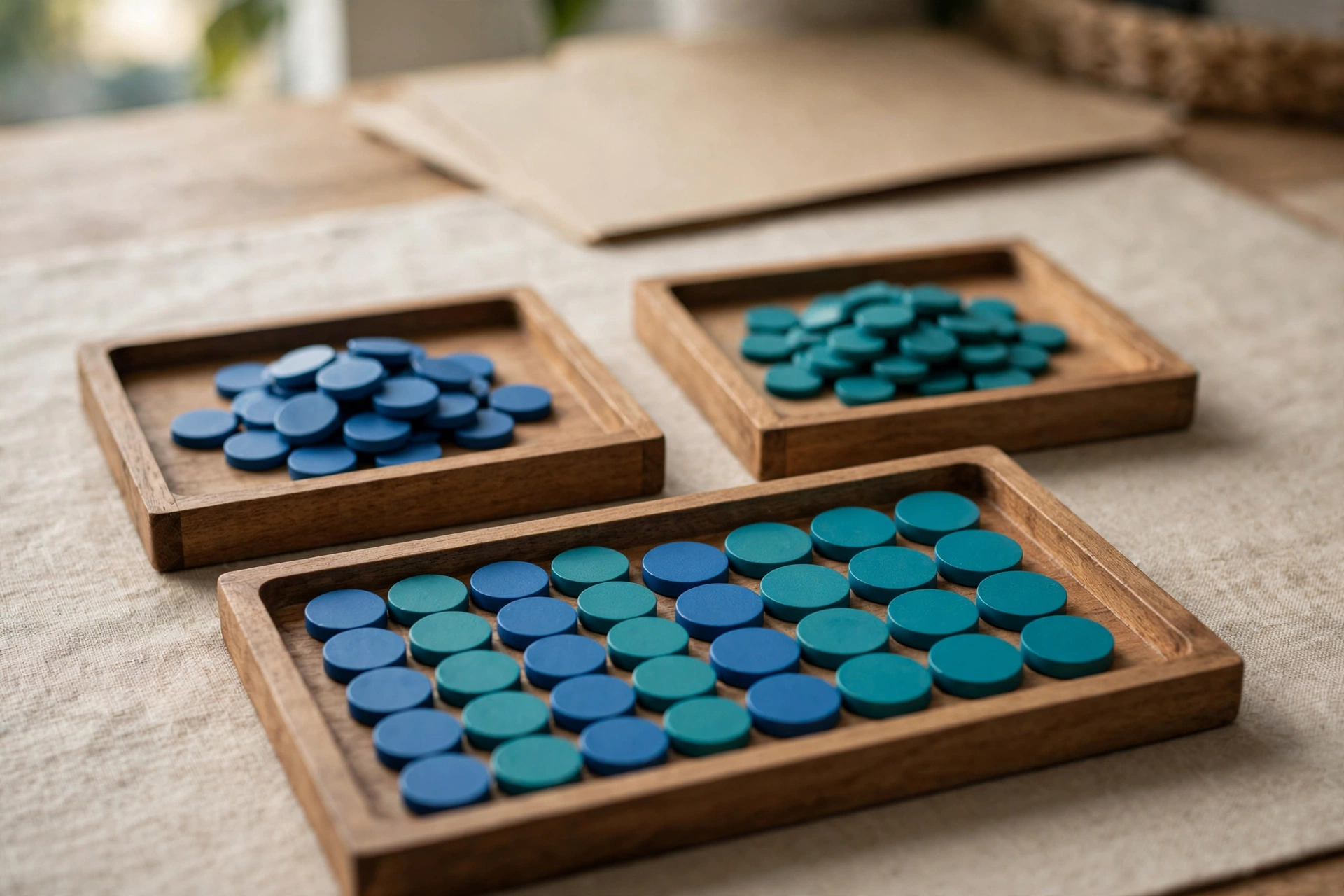 Three wooden trays with blue and teal tokens are arranged on a textured surface, symbolizing data consolidation.