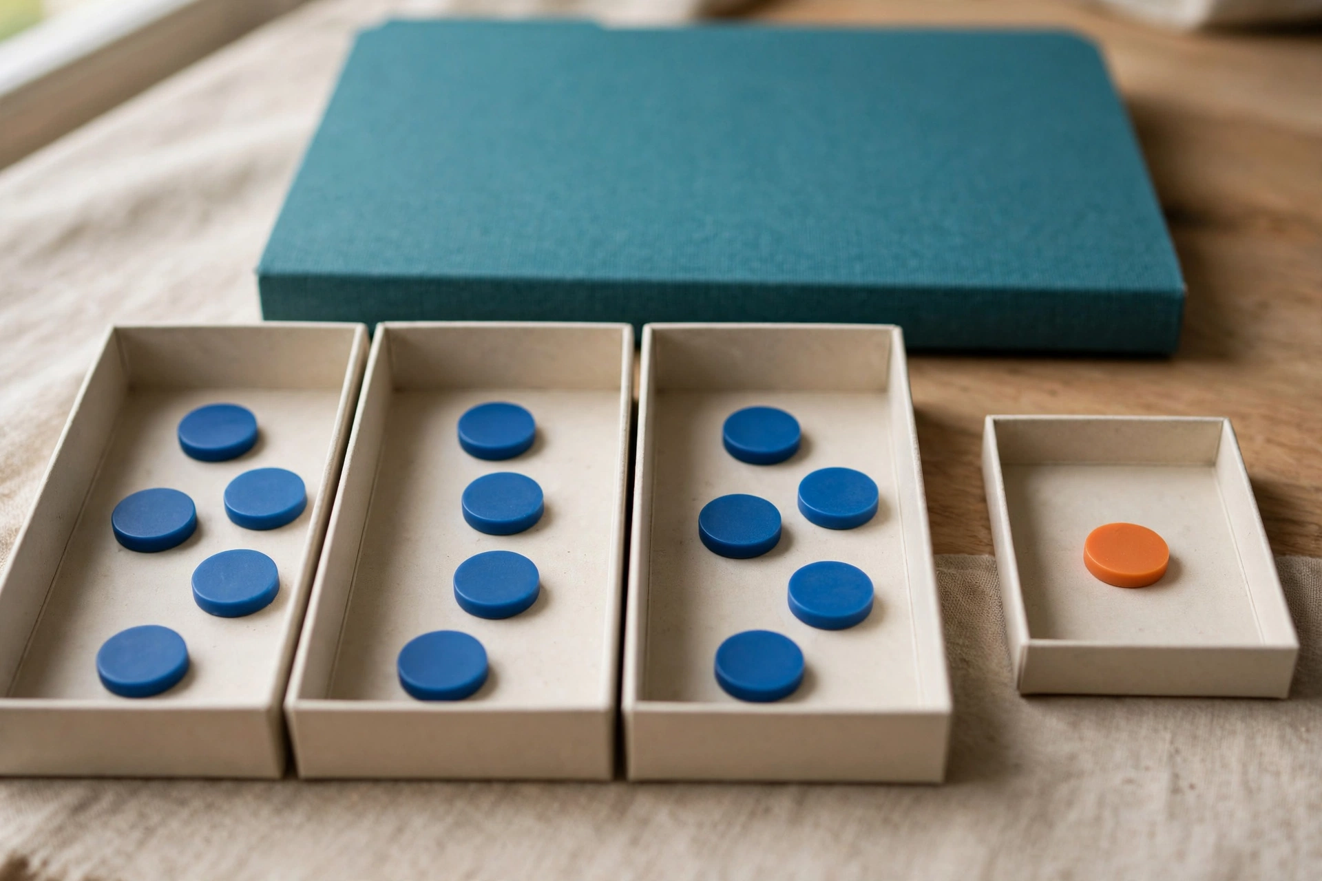 Blue tokens are distributed in three trays, with one orange token isolated in a fourth tray, and a teal folder behind.