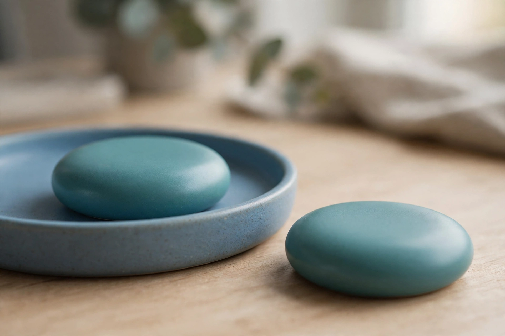 Two identical teal discs are shown on a wooden desk. One disc rests inside a blue tray, while the other sits separately beside it.