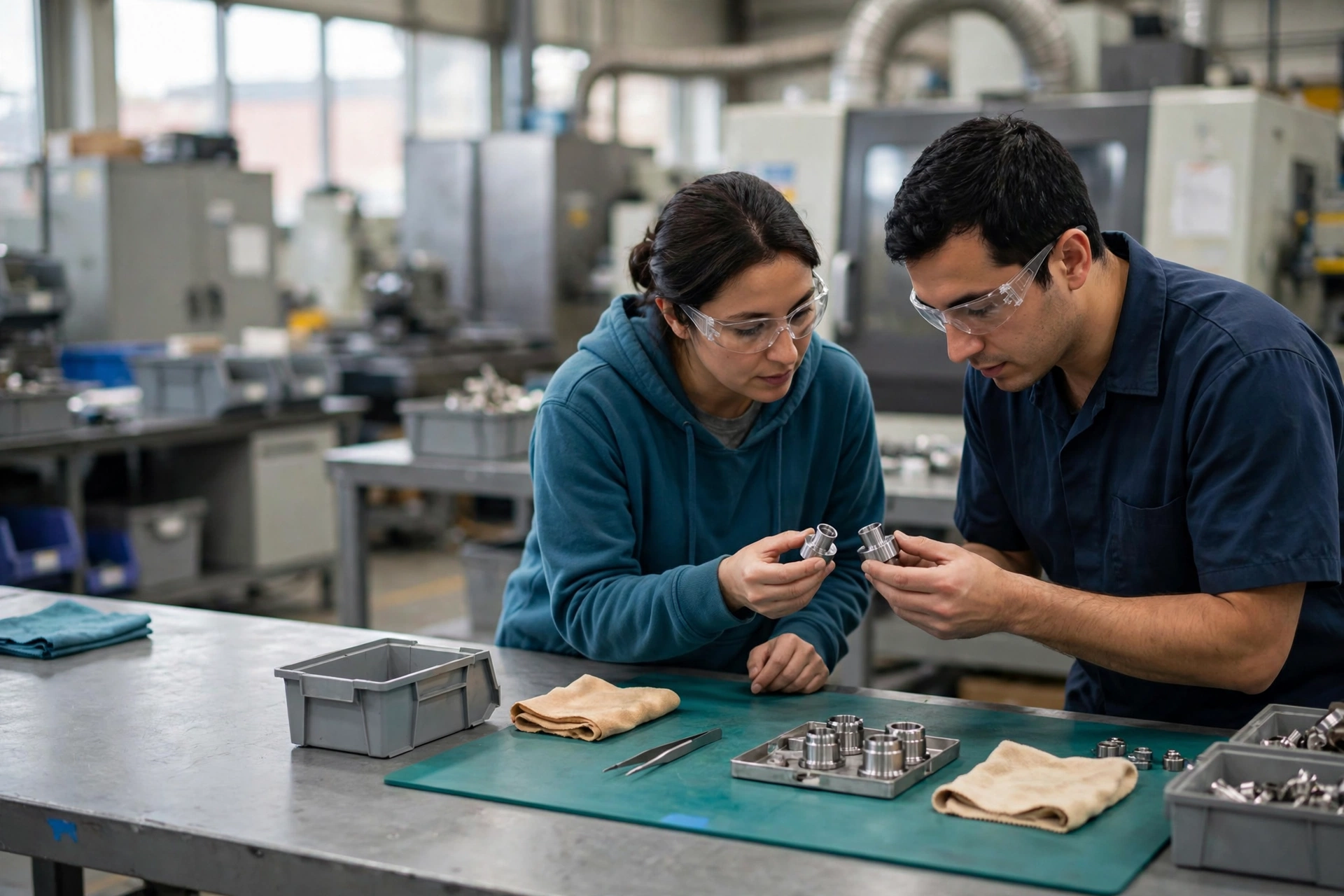 A man and a woman wearing safety glasses compare small metal components at a workbench in a manufacturing facility.