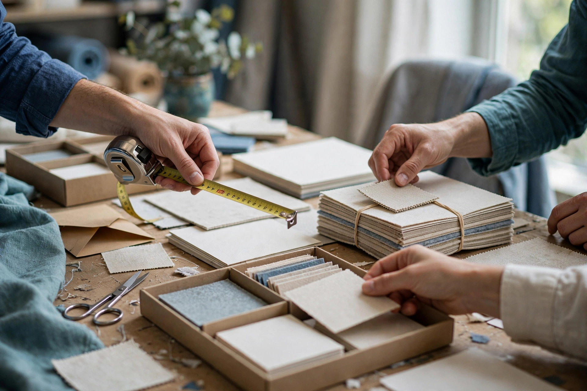 Several hands are seen working on a wooden table, measuring and organizing fabric swatches for a customer meeting.