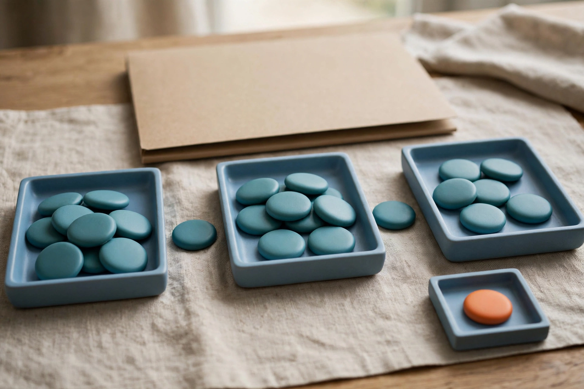 Three blue trays with teal tokens are arranged left to right, with a separate tray holding one orange token.