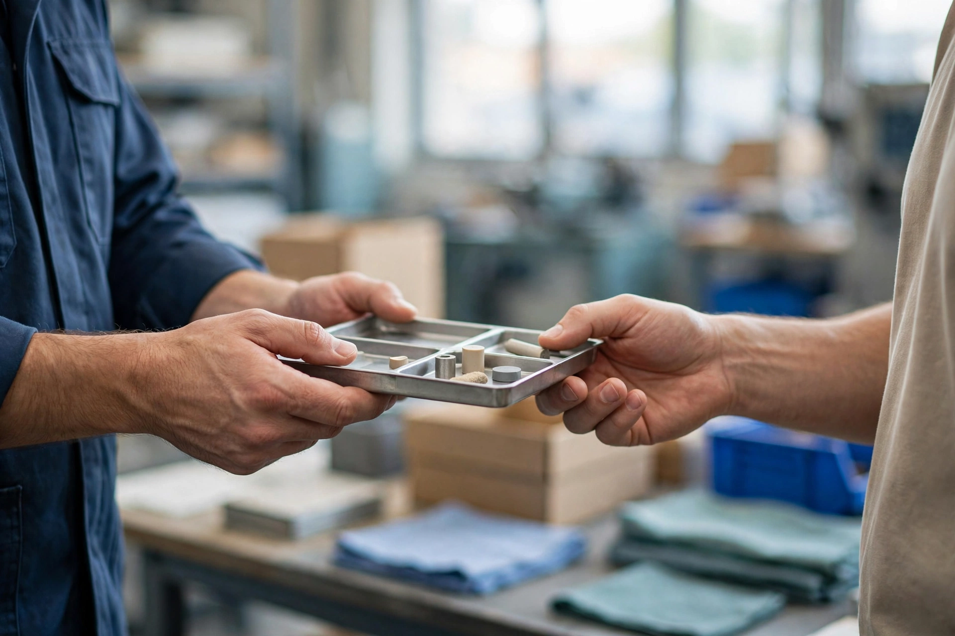 A plant operations colleague in a blue shirt hands a metal tray with small parts to a customer-facing teammate in a tan shirt in a workshop.