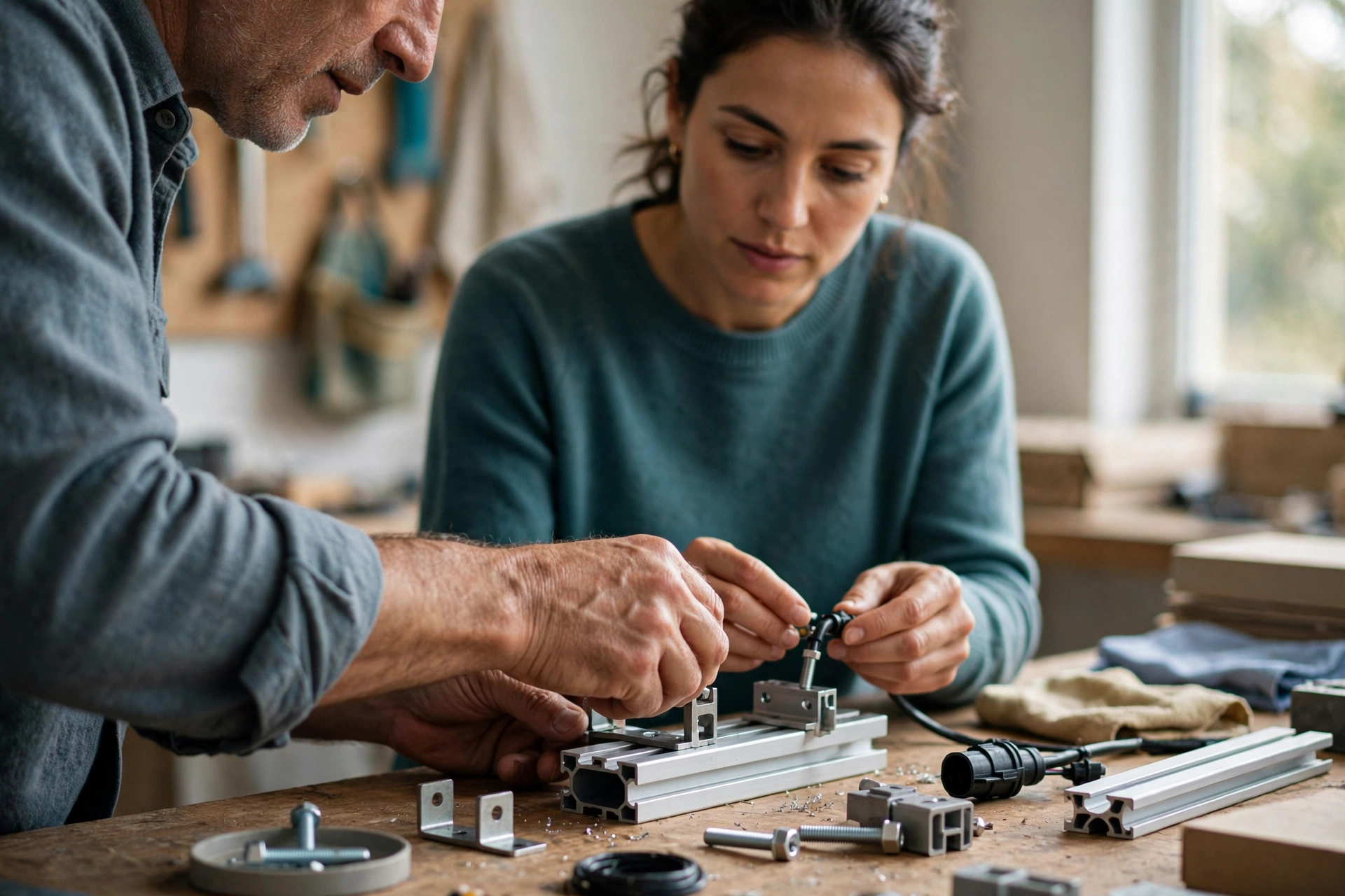 A man and a woman work together on a workbench, assembling a mechanical device with their hands.