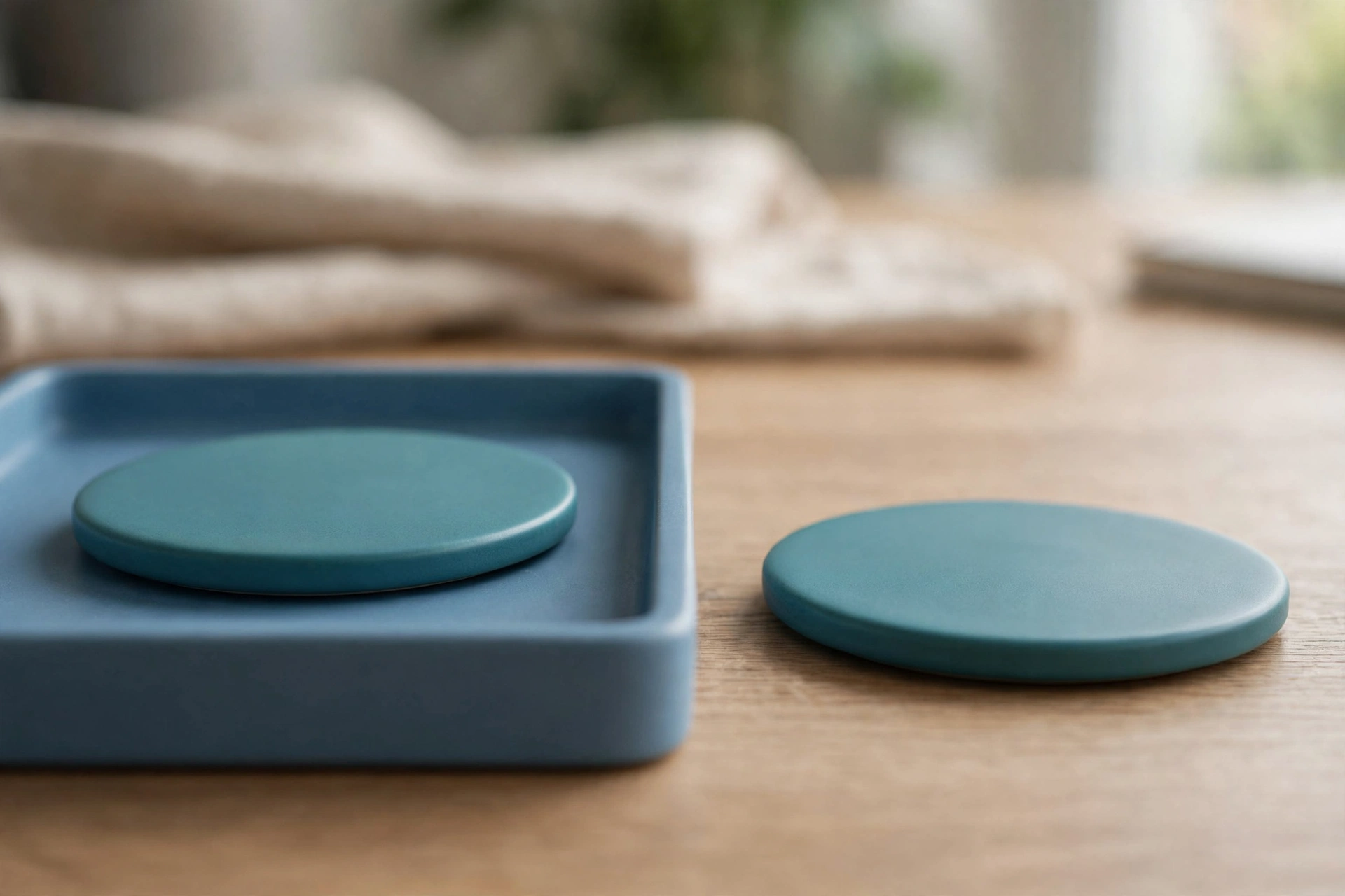 Two identical teal discs are on a wooden desk; one sits in a blue tray, and the other is separated outside the tray.