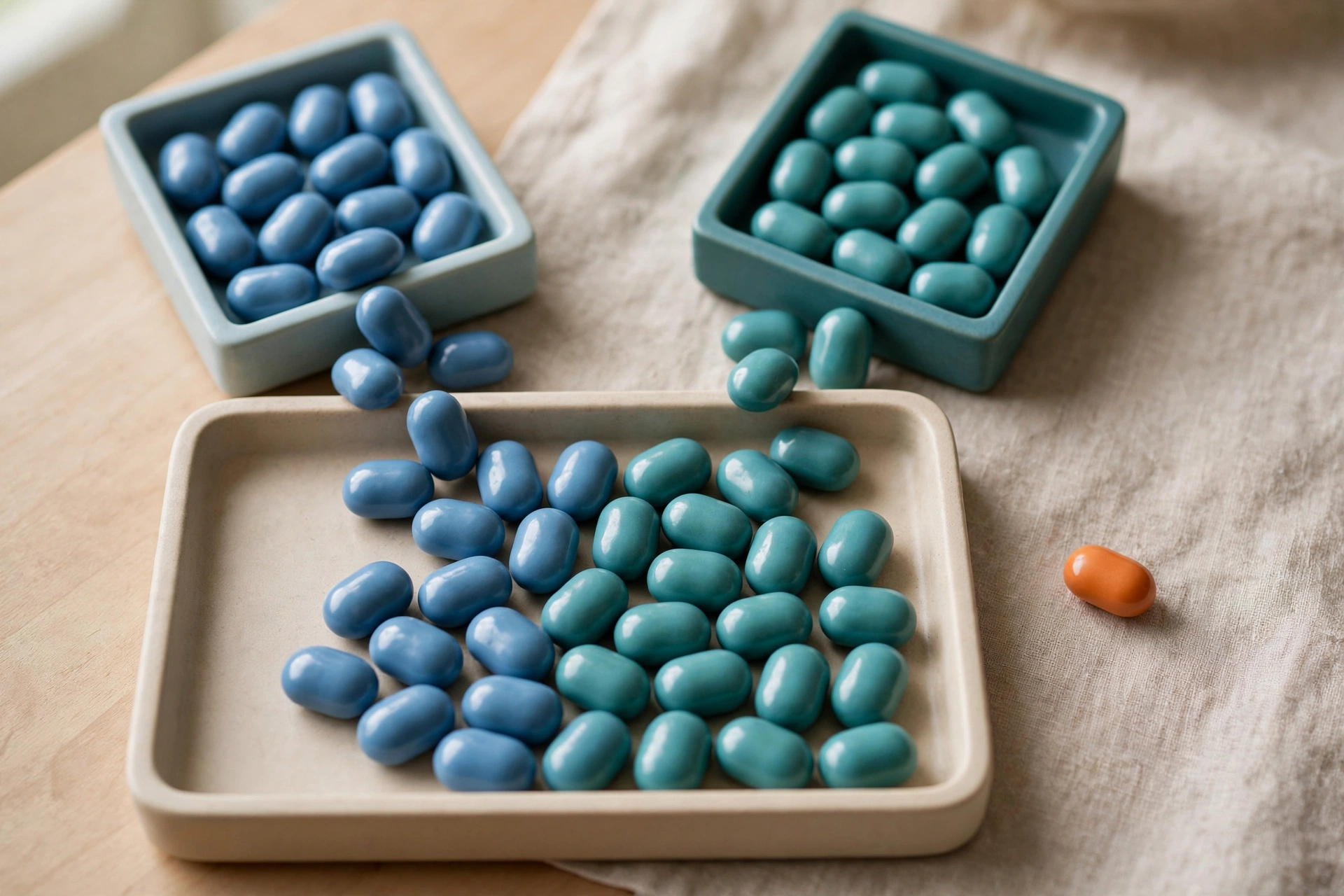 Two square trays of blue and teal tokens pour into a single larger tray, with one orange token beside it.