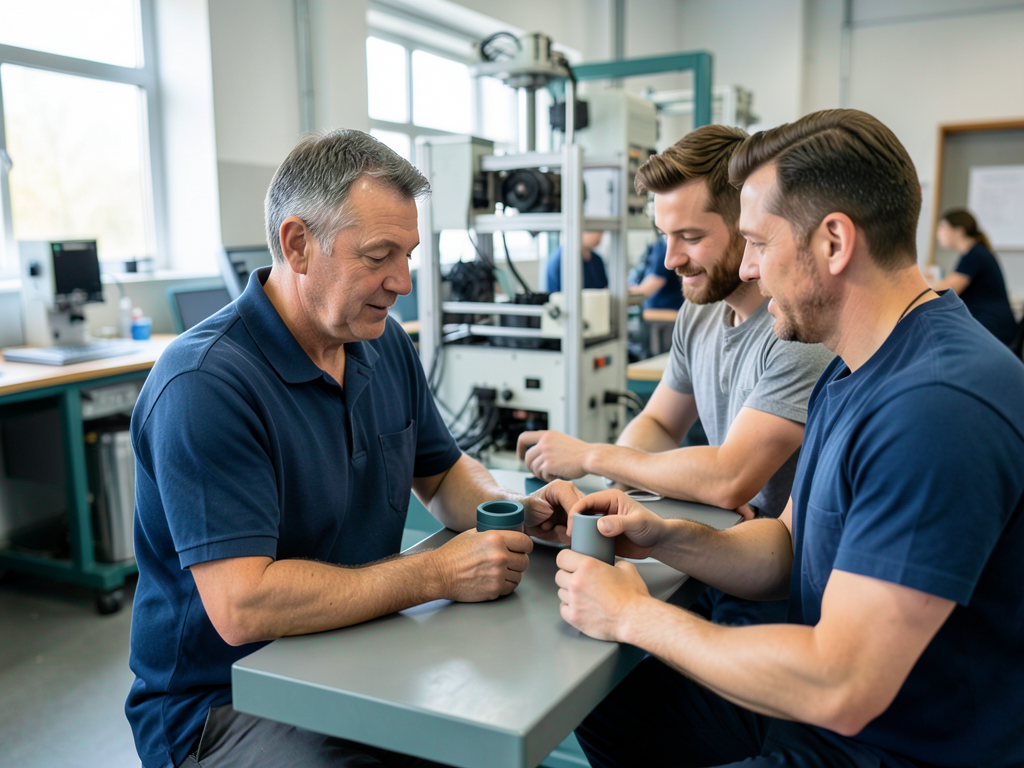 Three men in a manufacturing setting examine sample parts at a table, with machinery in the background.