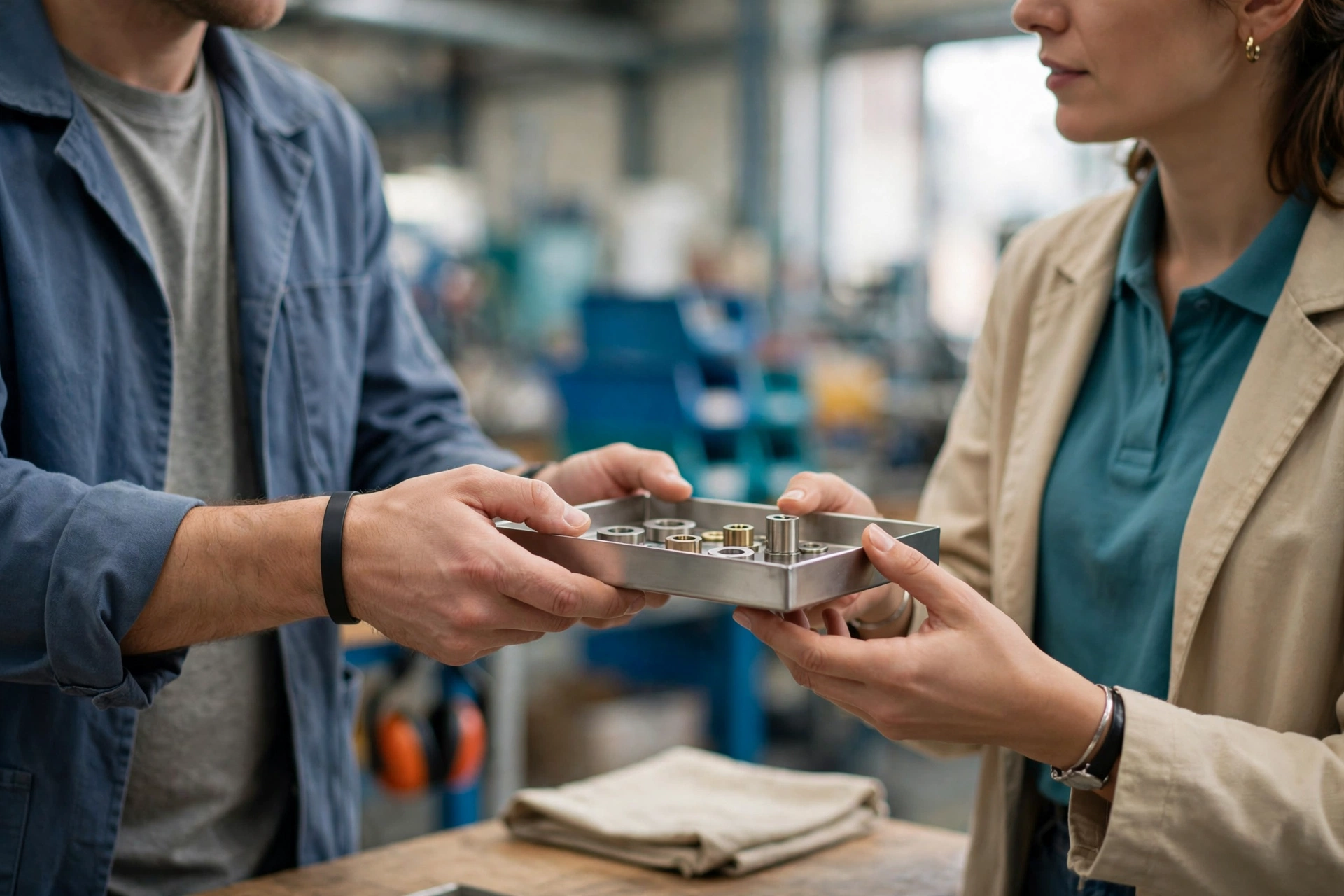 A man in a blue jacket hands a metal tray with small parts to a woman in a tan jacket in a manufacturing workshop.