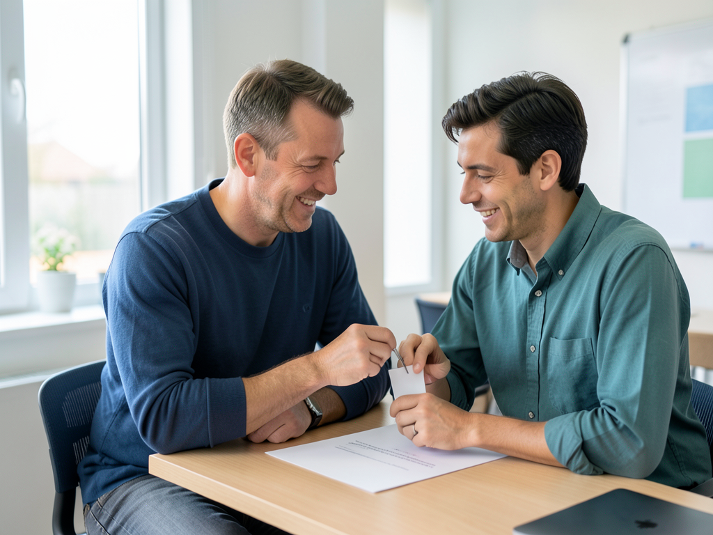 Two men smile while looking at a small card and paper on a table in a bright room.