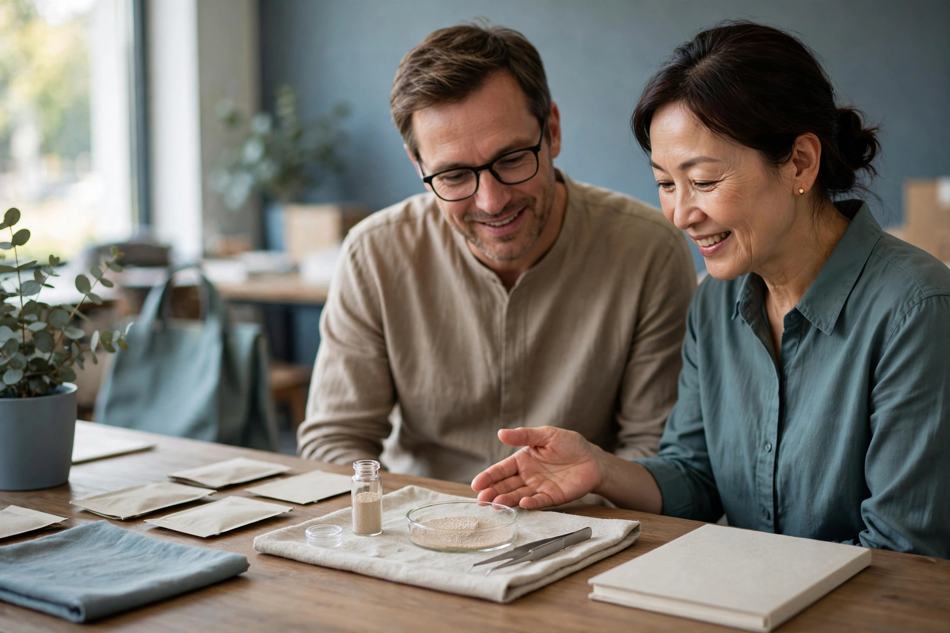 A man and a woman look at a sample on a table in a workshop setting.