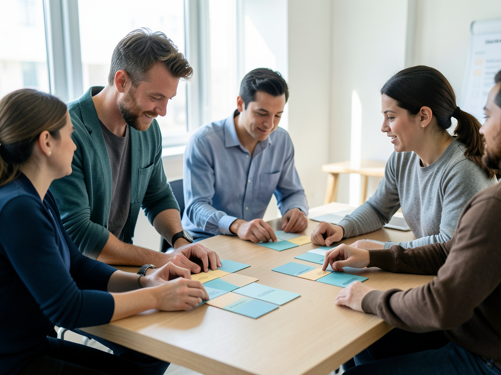 A diverse team of five professionals collaborates around a light wood table, arranging plain colored assignment tiles to coordinate competing client work.