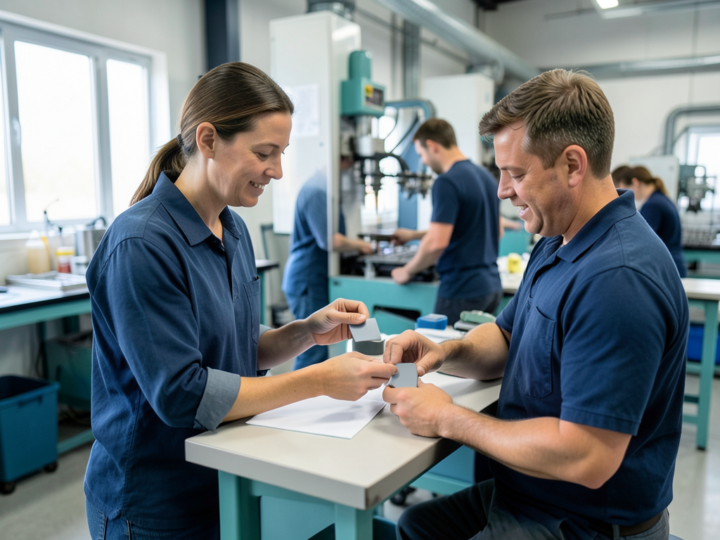 A woman and a man in blue shirts compare small metal parts at a table in a clean manufacturing facility with machinery in the background.