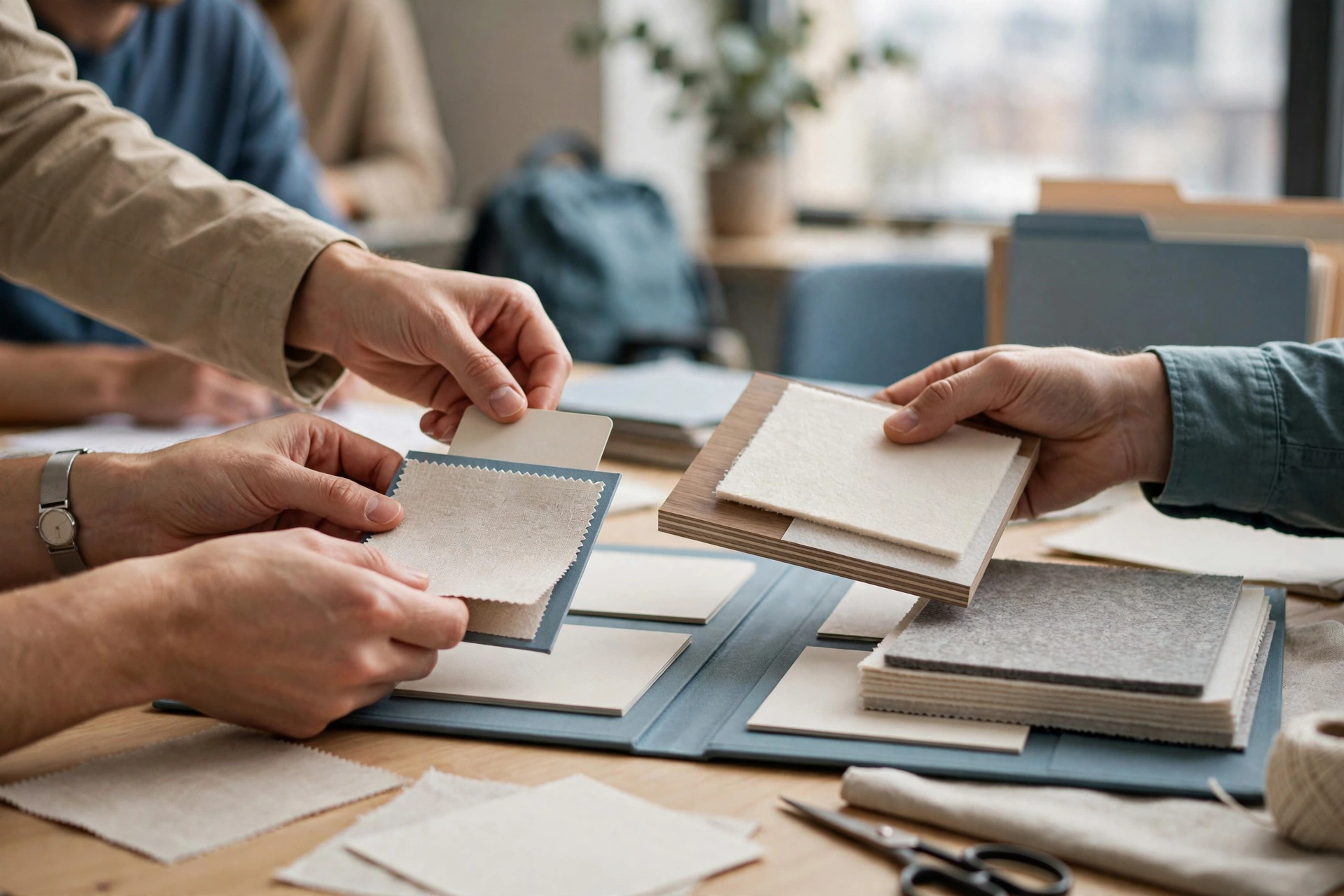 Several hands are shown arranging fabric swatches on a table in a bright office setting.