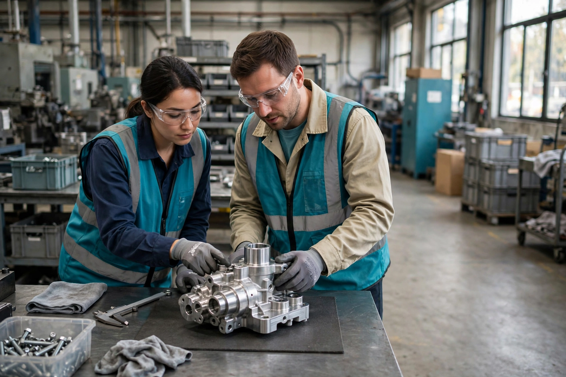 A man and a woman wearing safety glasses and vests inspect a metal component on a workbench in a factory.