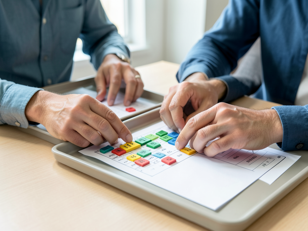 Two colleagues are shown from the chest down, collaborating at a table by moving colored tokens on a grid to manage a work plan.