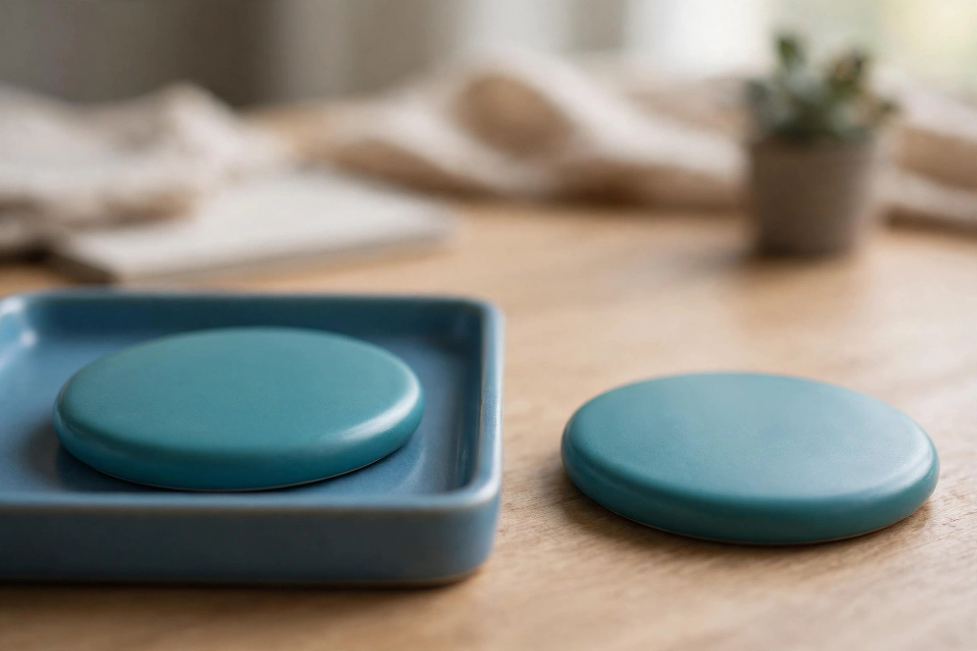 Two identical teal discs are shown, one resting in a blue tray and the other placed separately on a wooden desk.