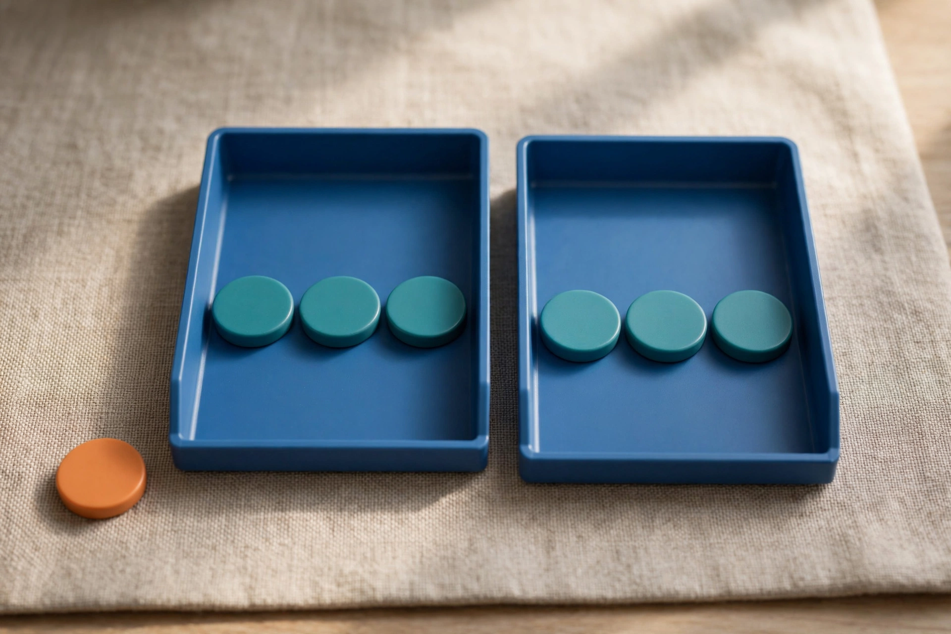 Two blue sorting trays hold teal tokens, with an orange token outside the left tray on a textured surface.
