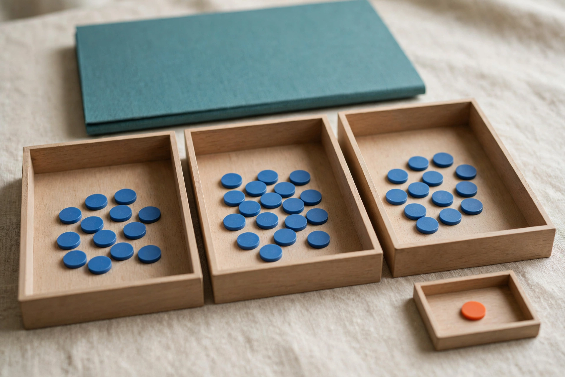 Three wooden trays hold blue tokens, and a fourth small tray holds a single orange token, with a teal folder behind.
