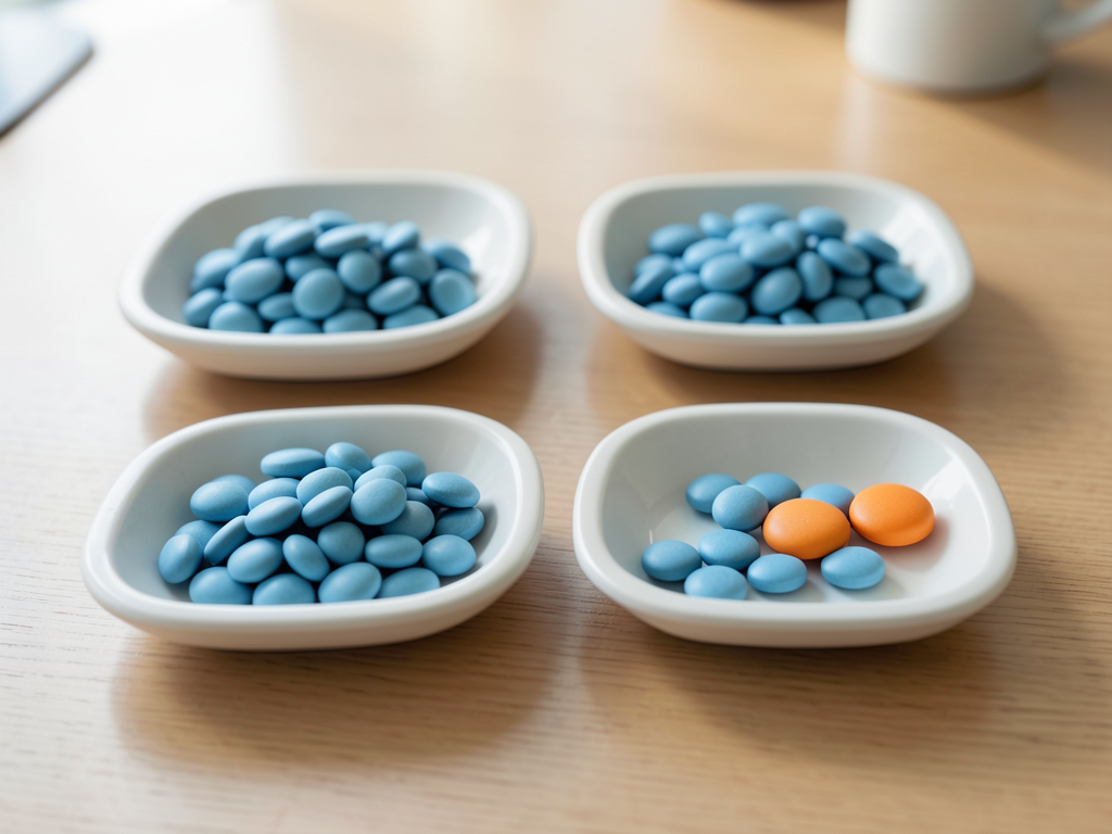 Four shallow white trays on a wooden surface contain blue tokens, with one tray holding two orange tokens.