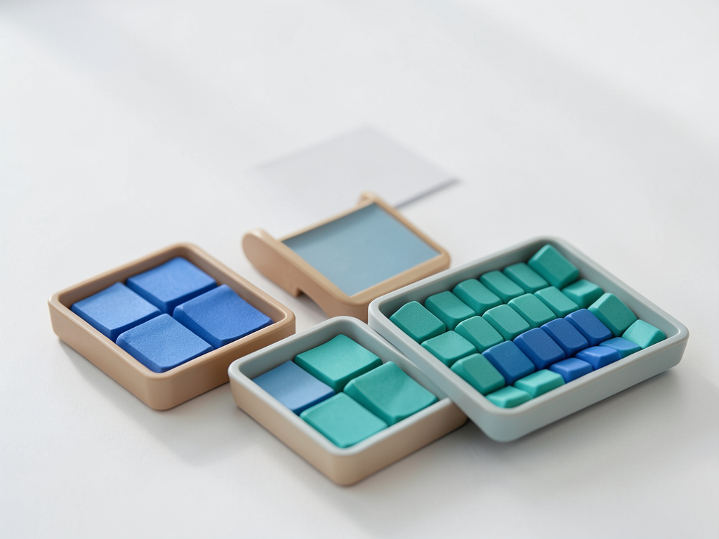Three trays of blue and teal tokens are arranged on a white surface, with two trays holding separate colors and one tray holding a mixed sequence.