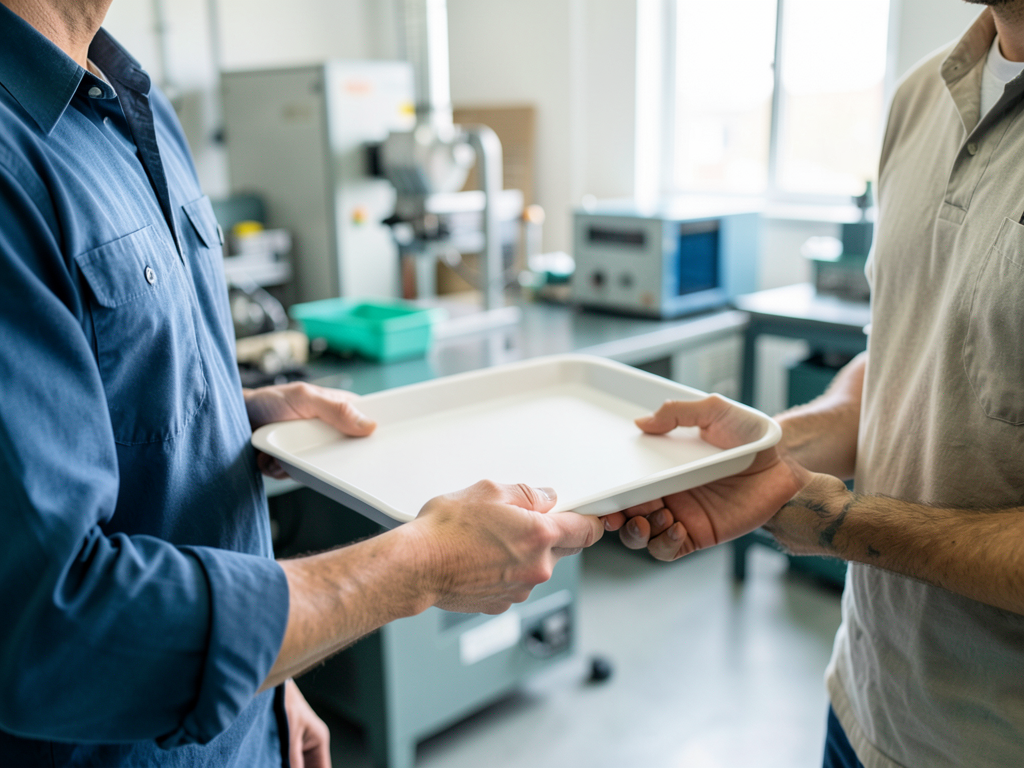 A colleague in a blue shirt hands a white sample tray to another colleague in a tan shirt in a manufacturing workshop.