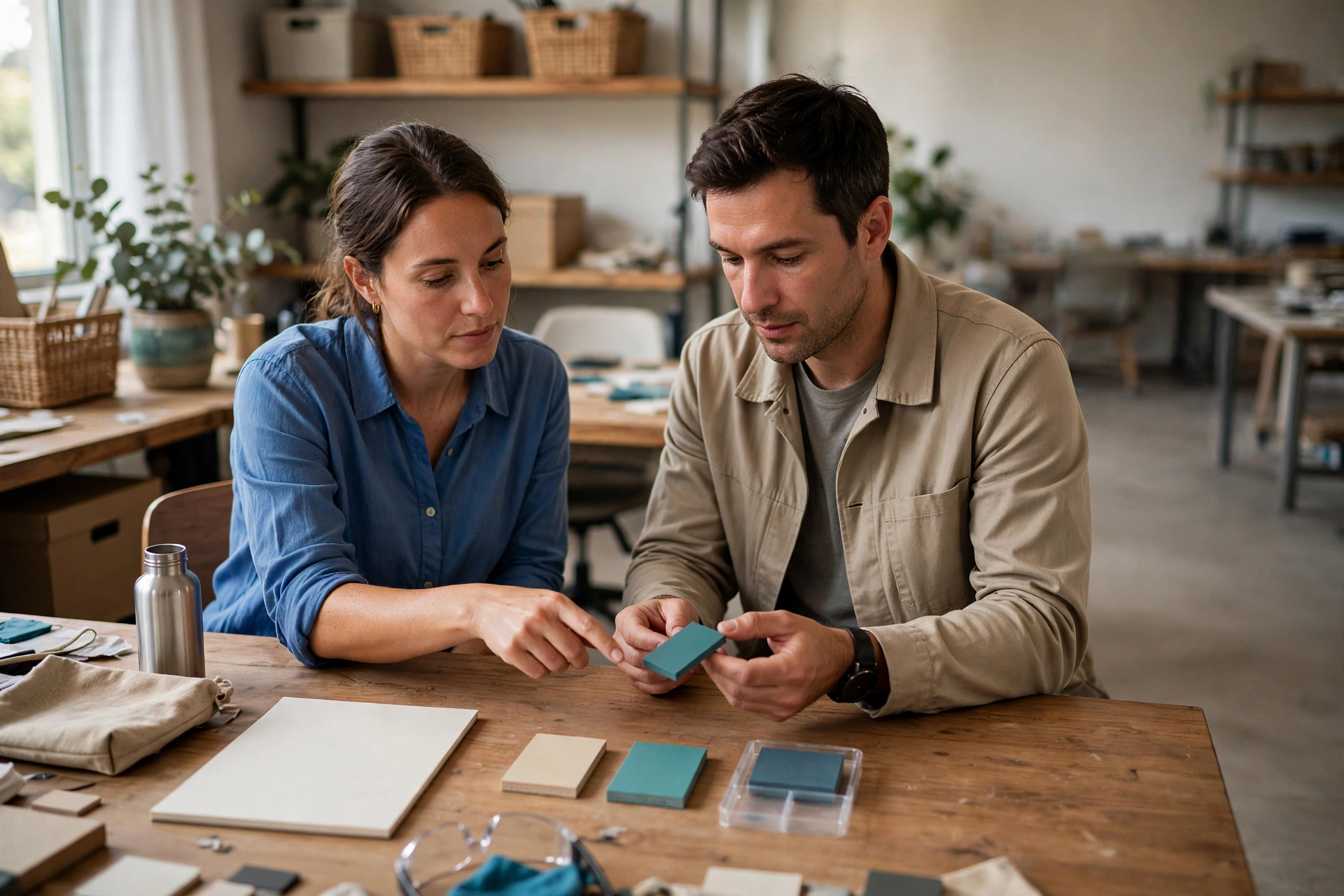 A woman in a blue shirt and a man in a tan jacket examine small colored samples at a wooden table in a workshop.