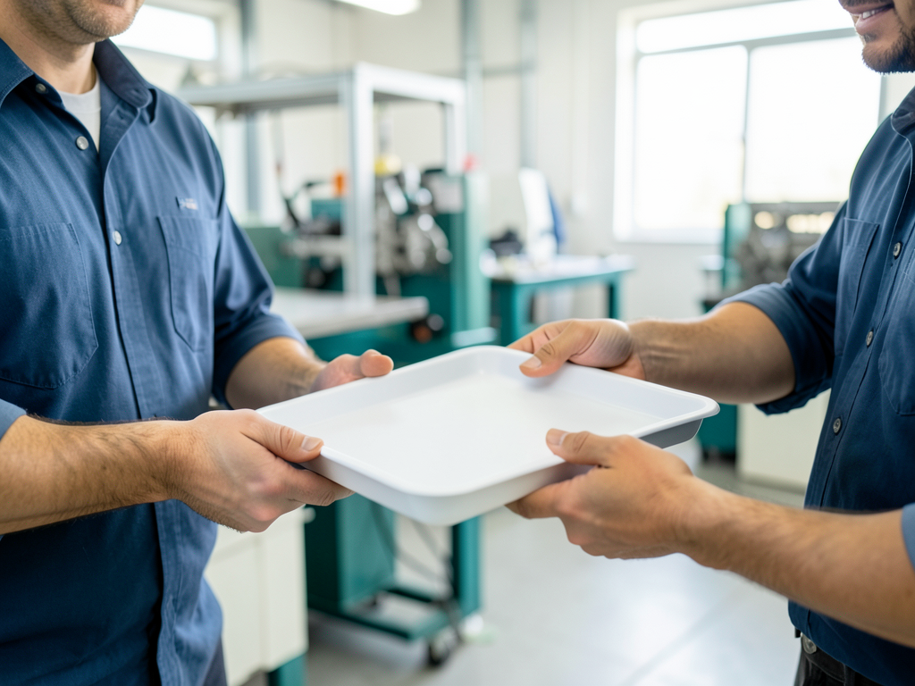 Two men in a manufacturing workshop are exchanging a plain white tray between them.
