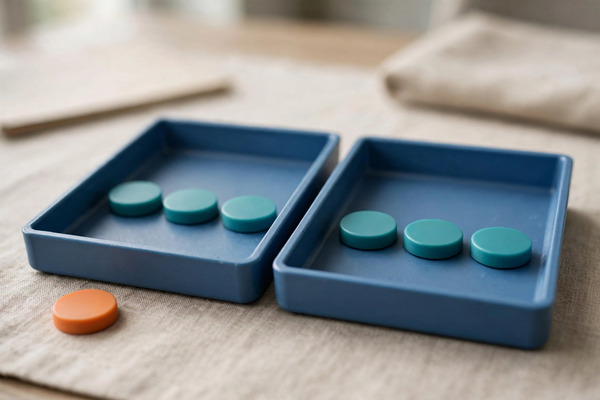 Two blue sorting trays hold teal tokens, with an orange token placed outside one tray on a neutral surface.