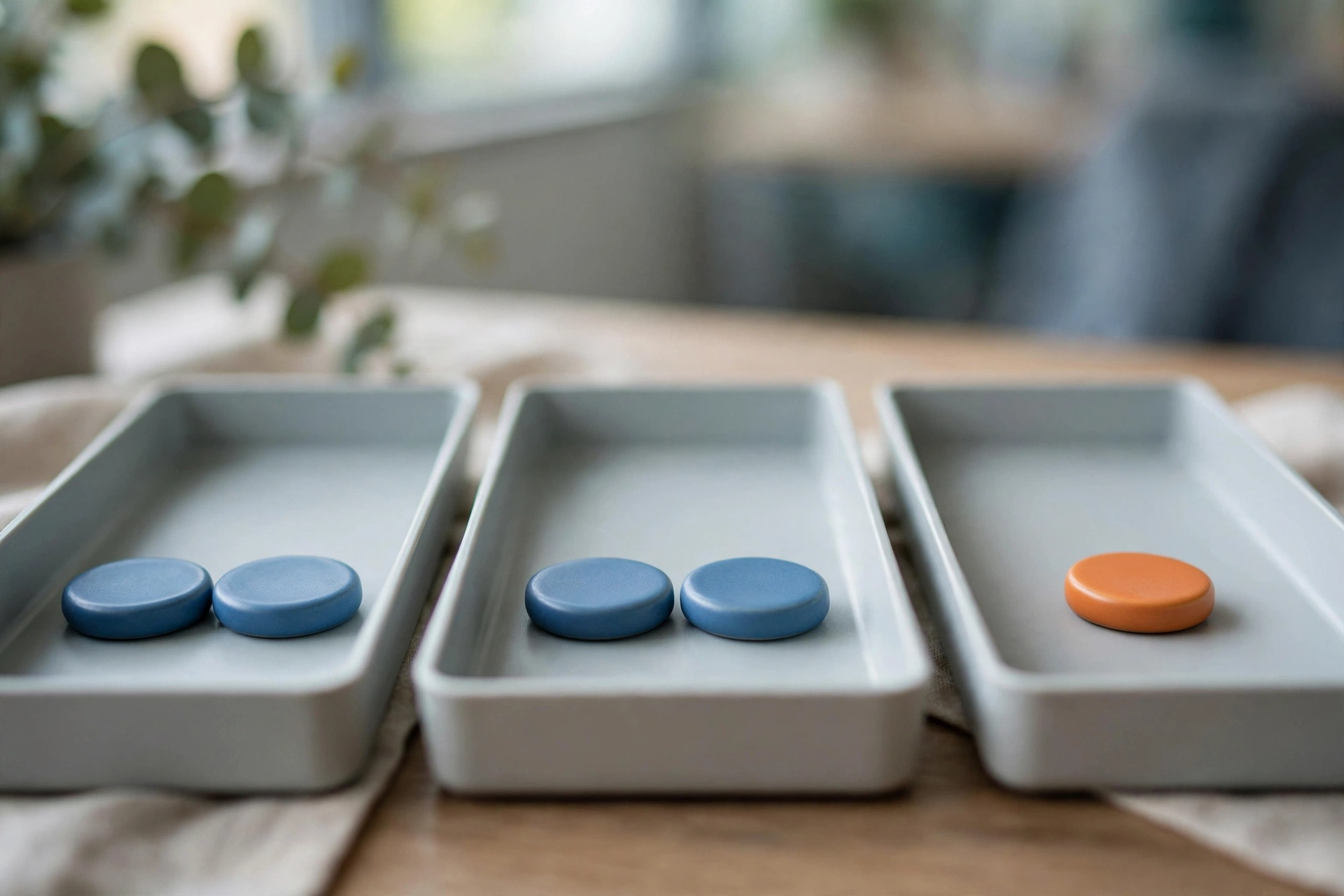 Three office sorting trays display matching blue tokens and one unmatched orange token on a desk.