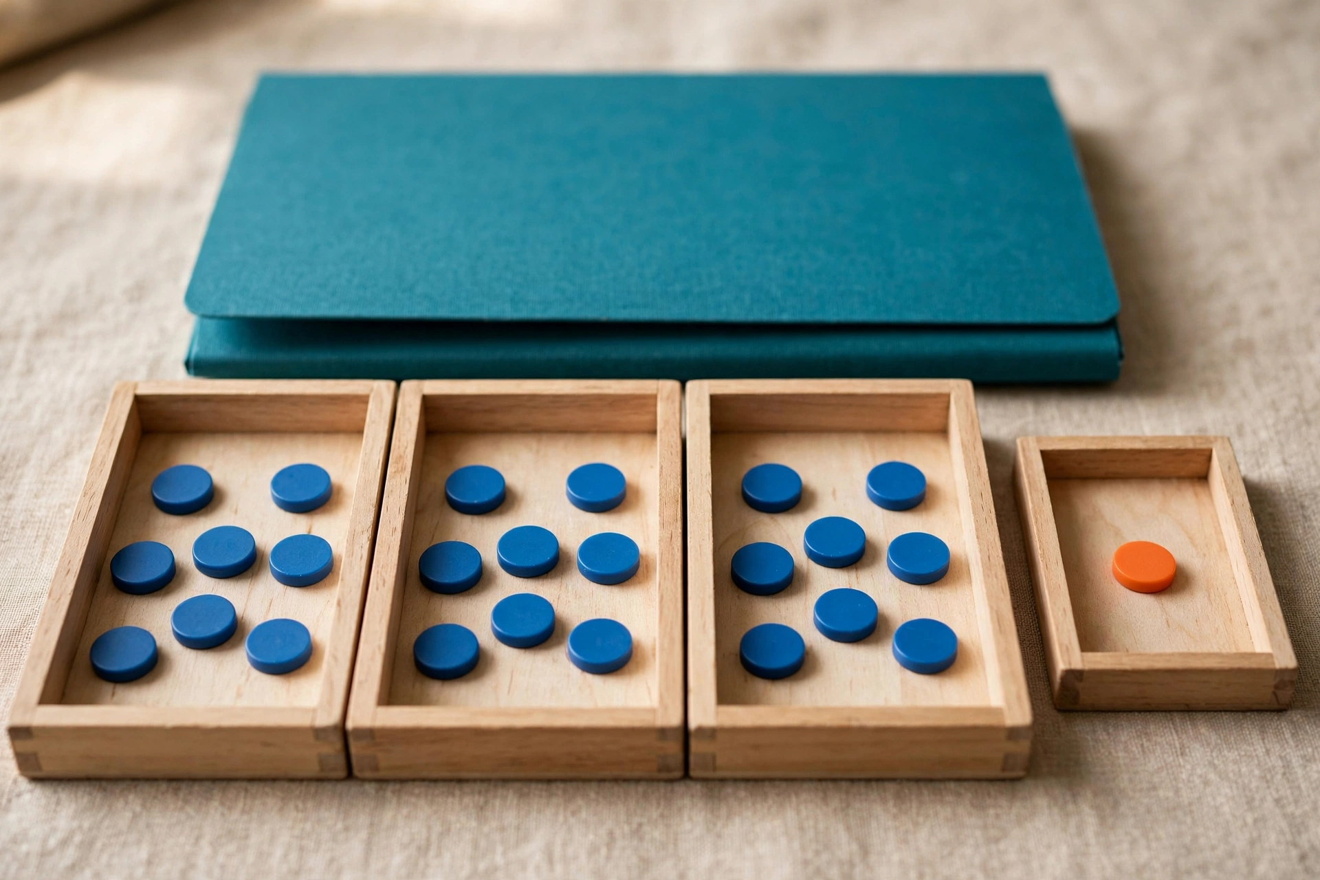 Three wooden trays hold blue tokens, and a fourth tray holds a single orange token, with a teal folder behind them.