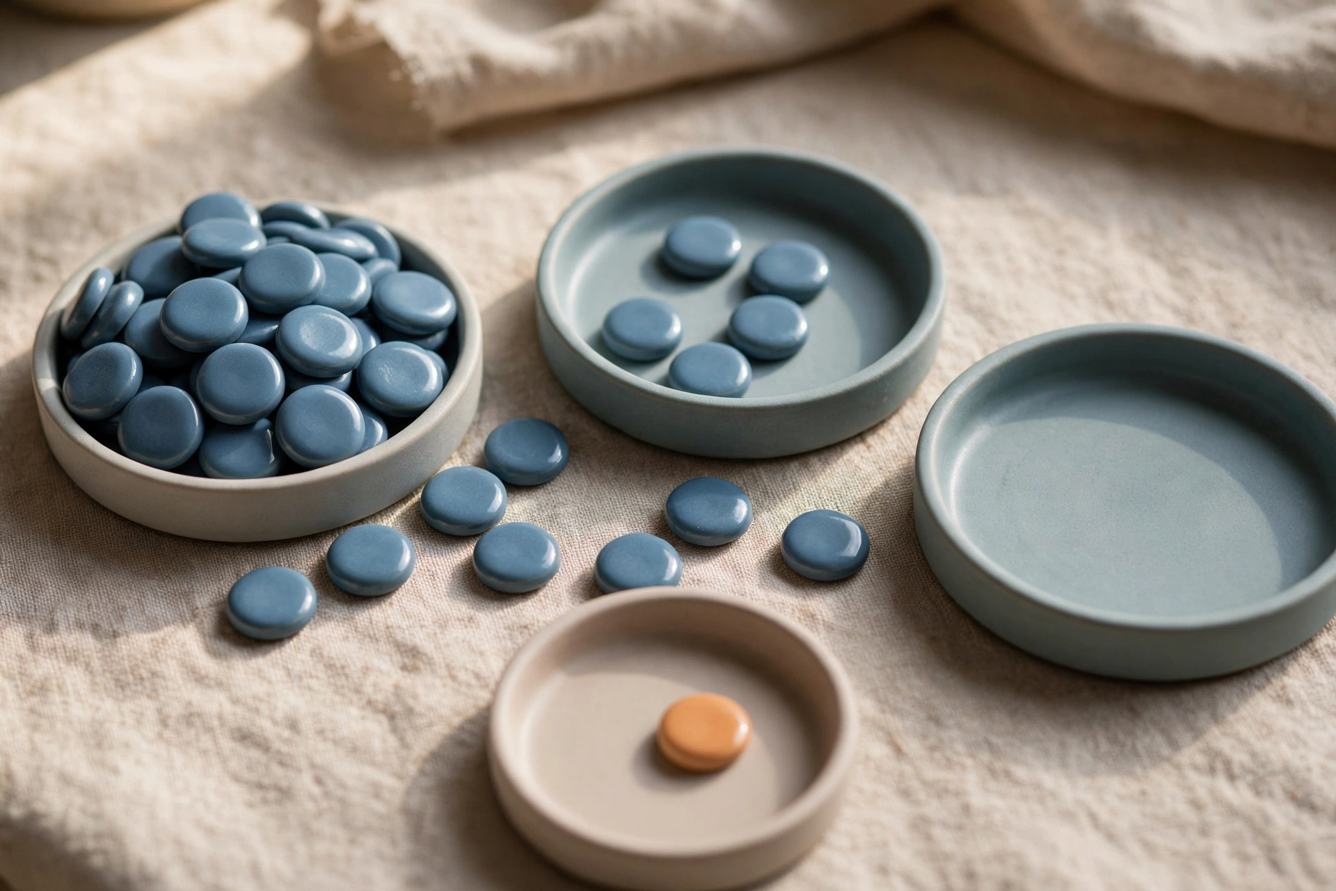 Four shallow ceramic trays are arranged on a textured cloth surface, holding blue tokens and one orange token.