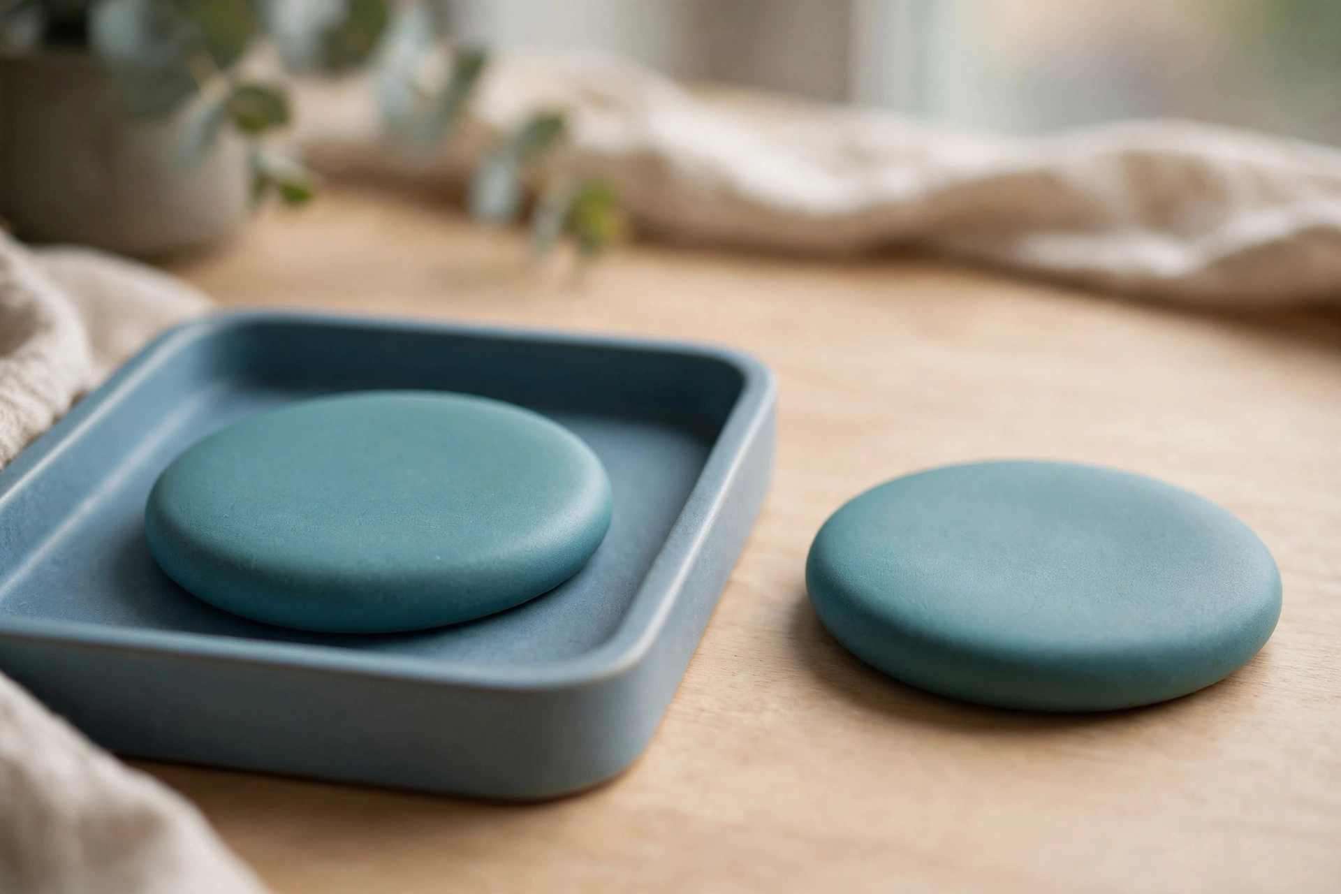 Two identical teal discs are shown on a wooden surface, with one disc placed inside a blue tray and the other disc placed separately outside the tray.