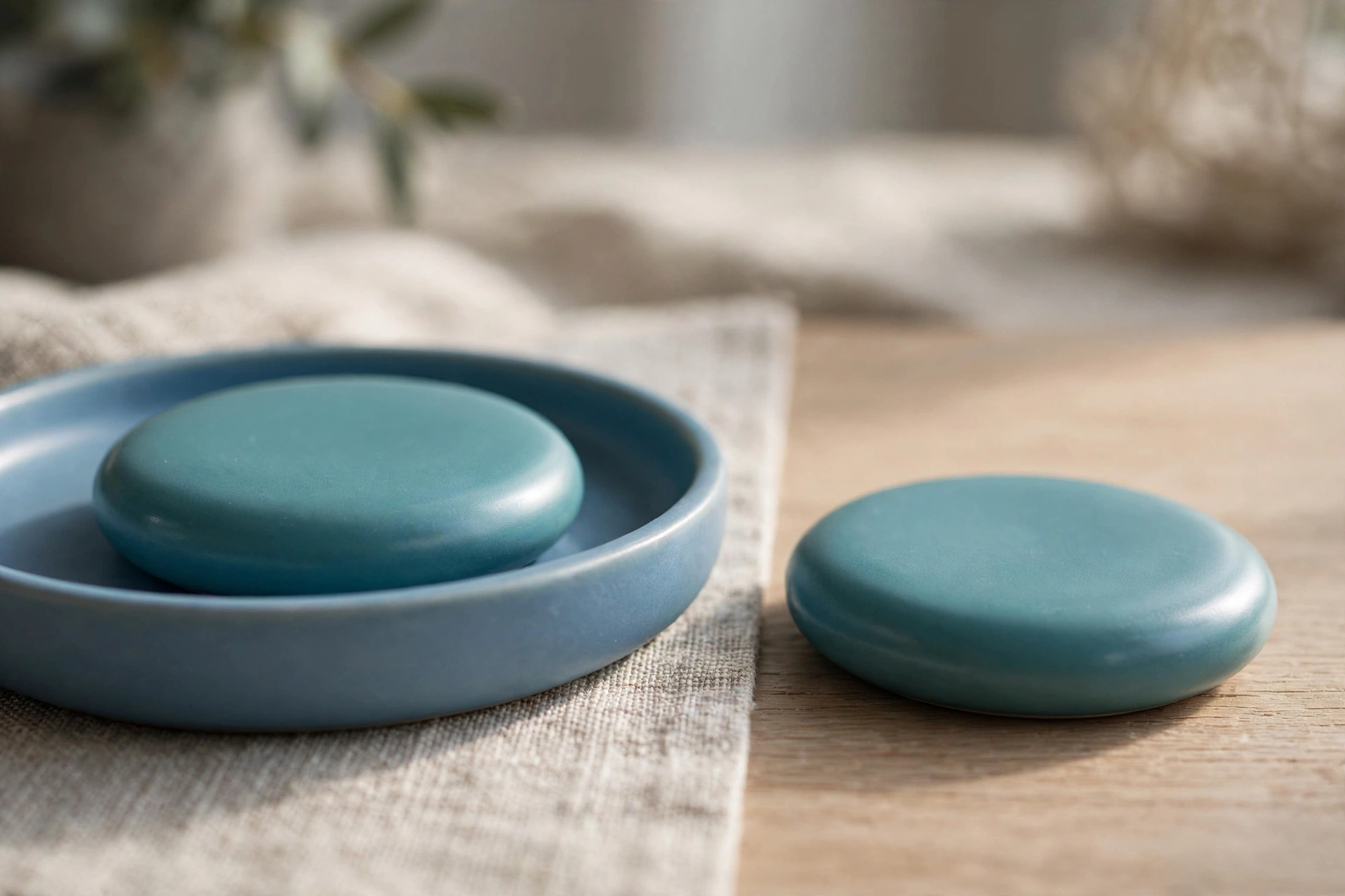 Two identical teal ceramic discs are shown, one resting in a blue dish and the other placed separately on a wooden surface.