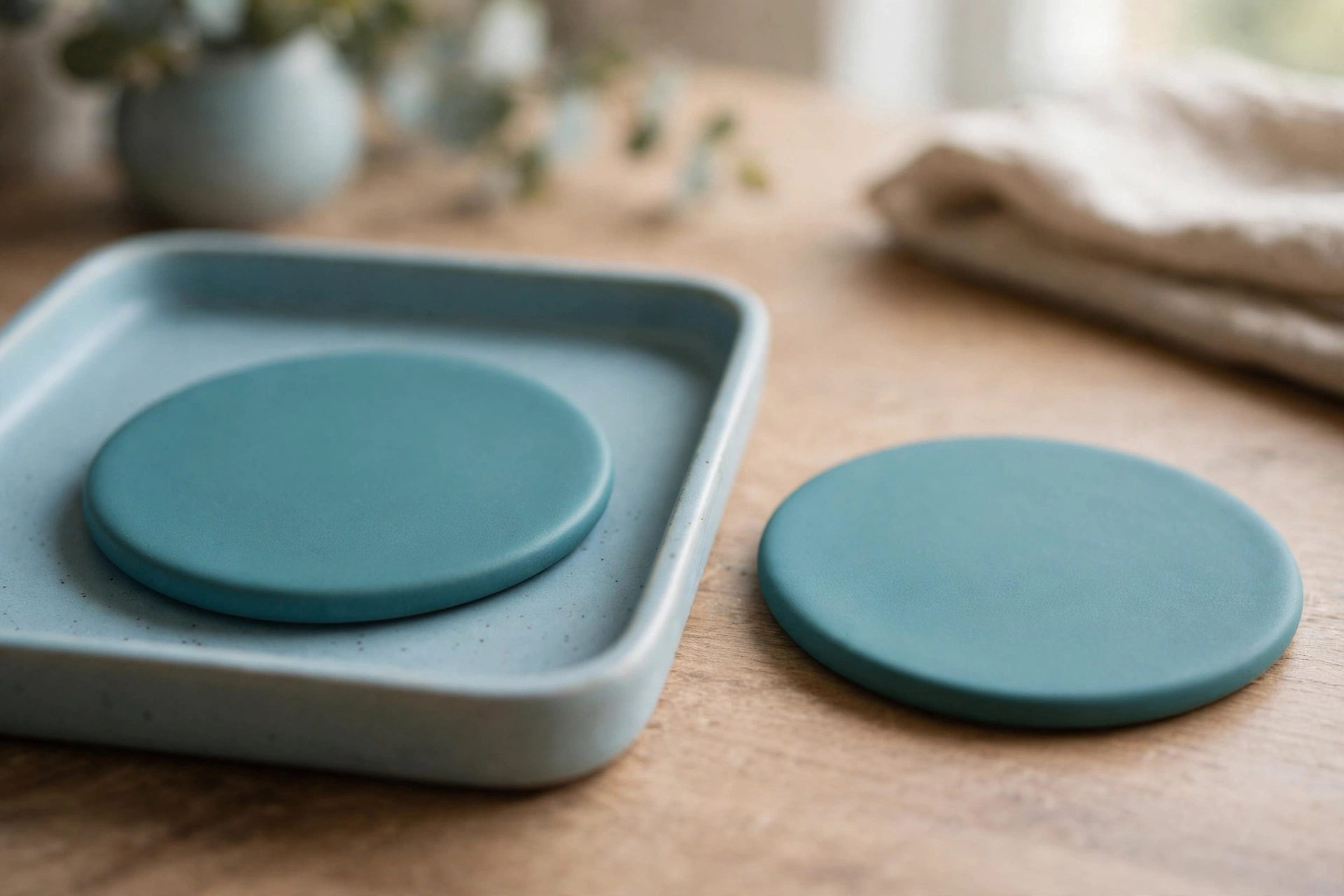 Two identical teal discs are shown on a wooden desk; one rests in a shallow blue tray, the other sits separately beside it.