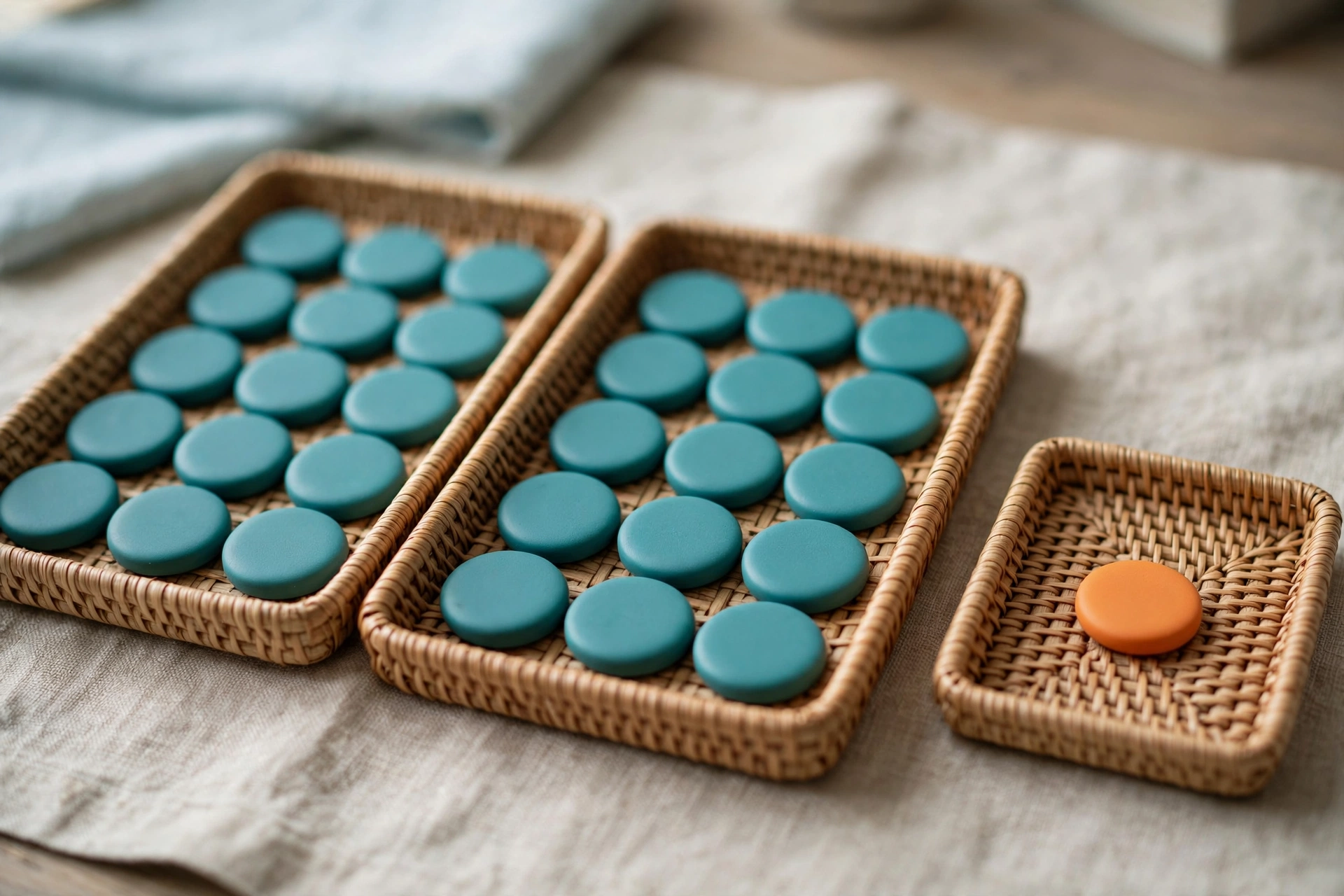 Three woven trays hold rows of teal tokens, with one tray containing a single orange token as an exception.