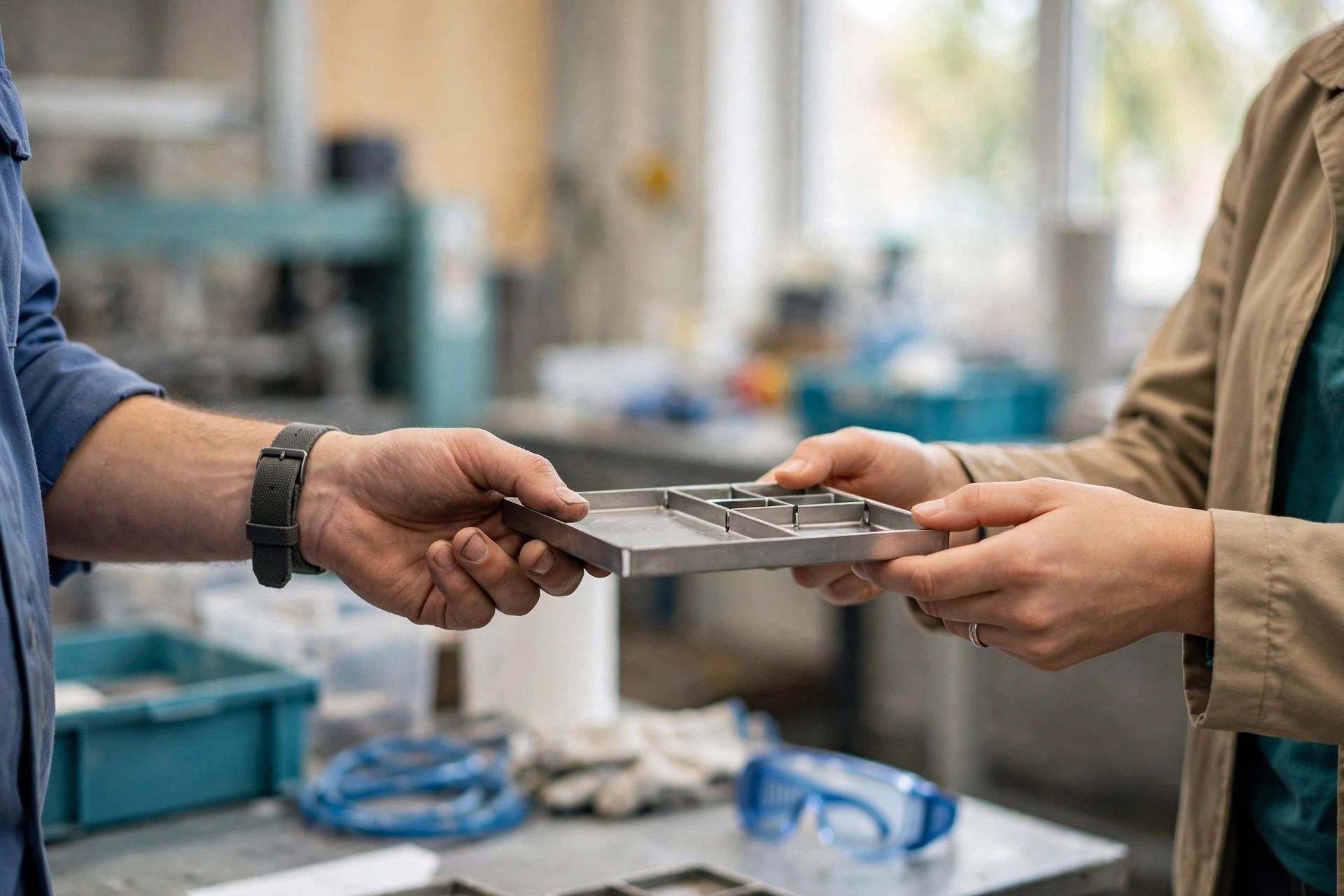 A plant operations colleague hands a metal sample tray to a customer-facing teammate in a bright manufacturing workshop.