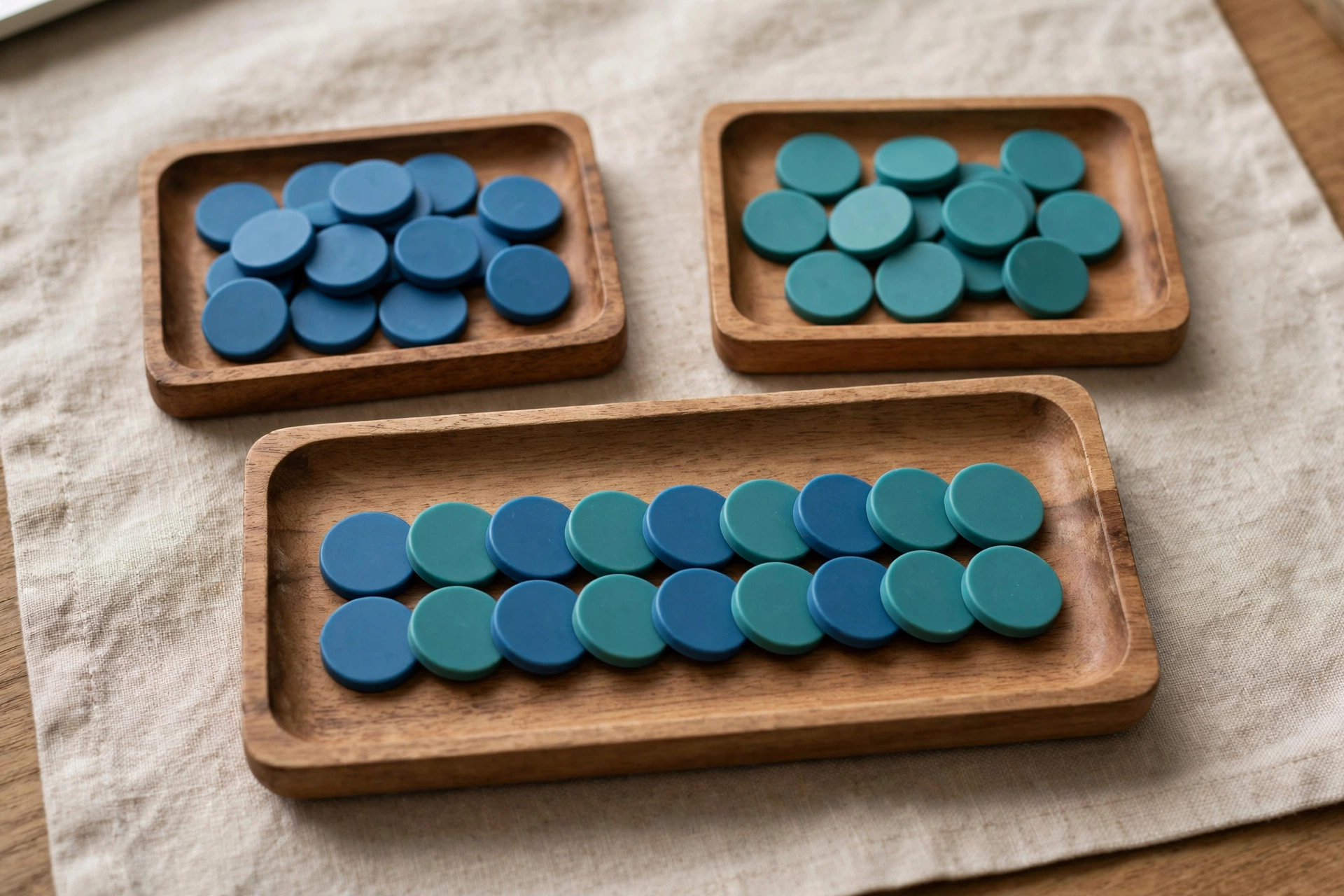 Two small wooden trays hold blue and teal tokens, with a larger tray in front containing a neat sequence of both colors, representing data consolidation.