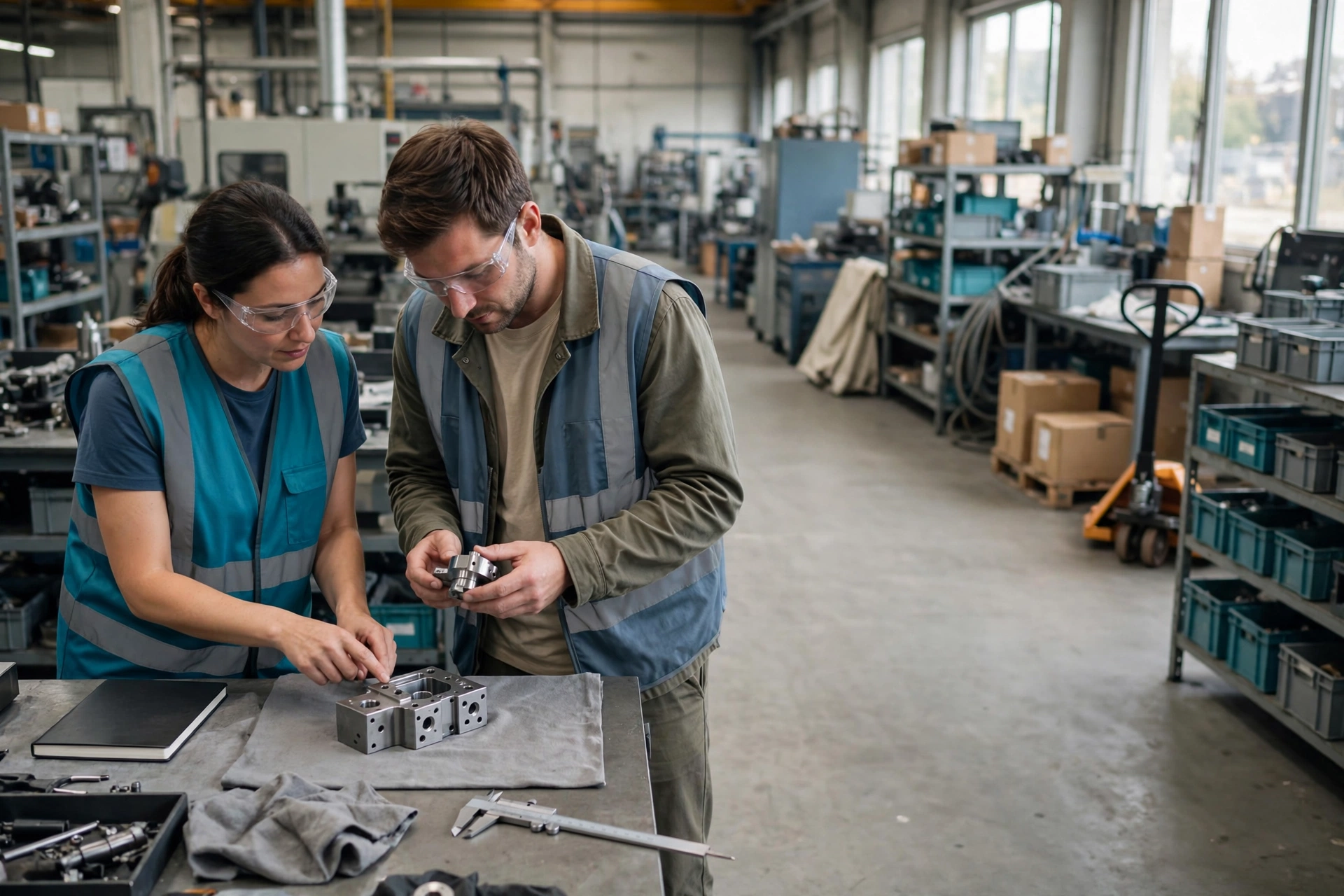 A woman and a man wearing safety glasses and vests inspect a metal component in a factory work cell.