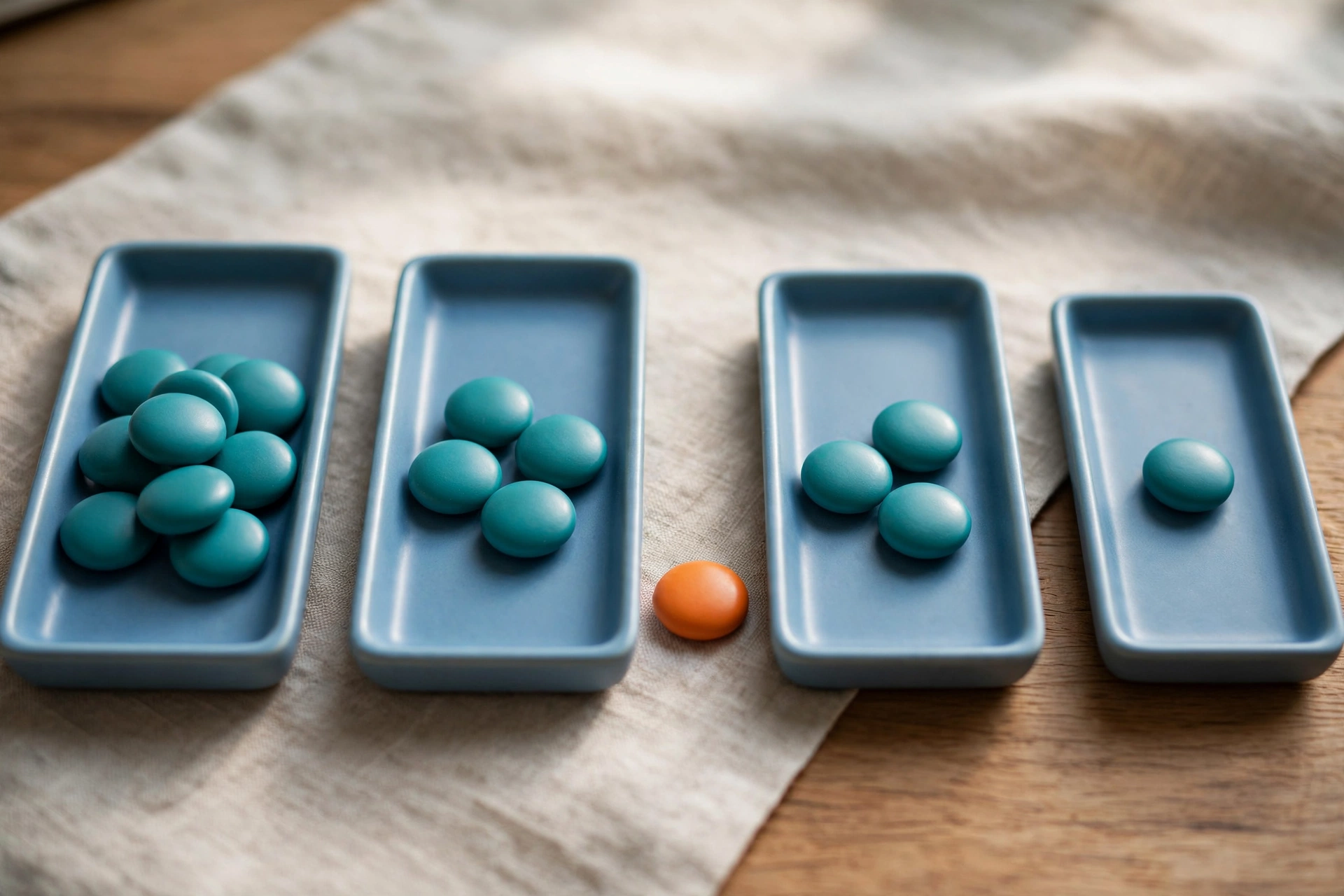 Four blue trays with teal tokens and one orange token are arranged on a textured cloth.