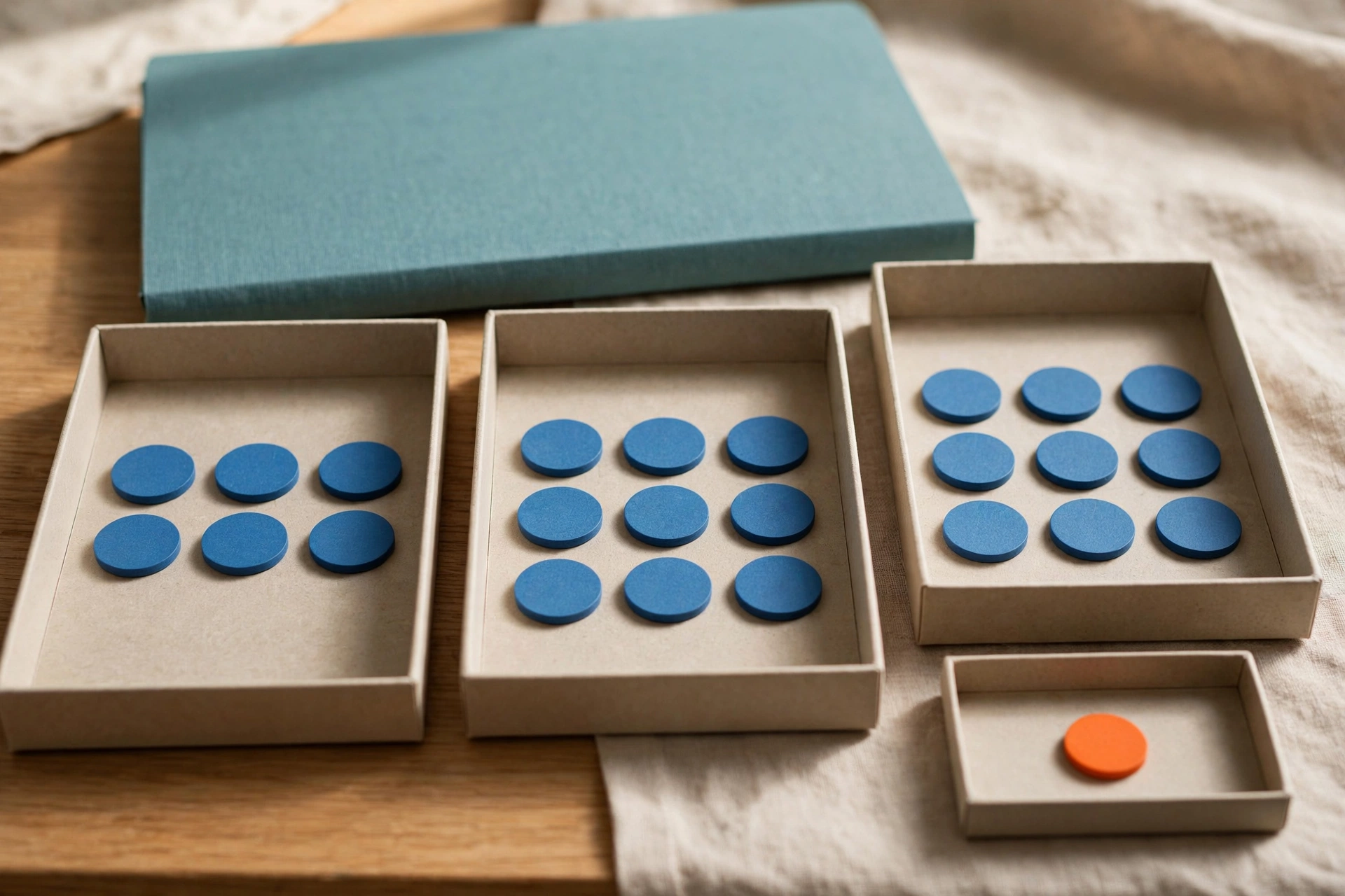 Blue tokens are distributed across three trays, with a single orange token in a fourth, smaller tray, and a teal folder behind.