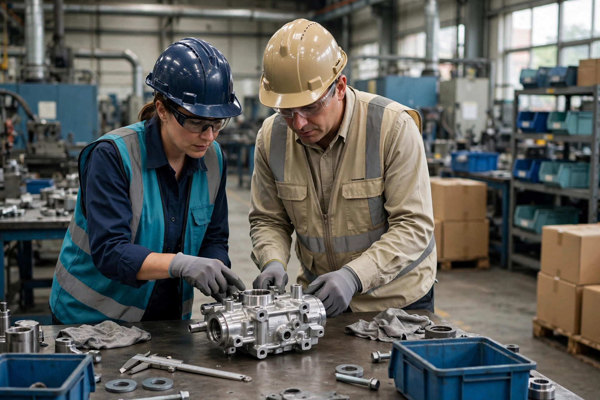 A woman in a blue hard hat and a man in a tan hard hat examine a metal component on a workbench in a factory.