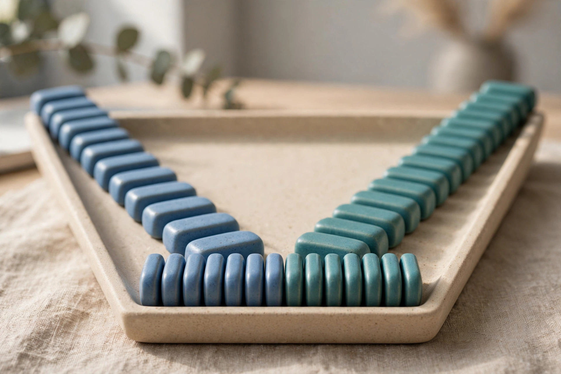 Two rows of blue and teal ceramic tokens converge into a single organized row within a shallow tray on a textured surface.