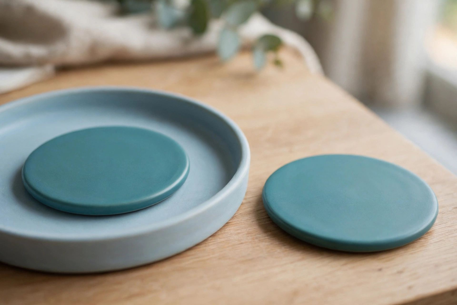 Two identical teal ceramic discs are shown on a wooden desk. One disc is inside a shallow blue tray, while the other sits separately outside the tray.